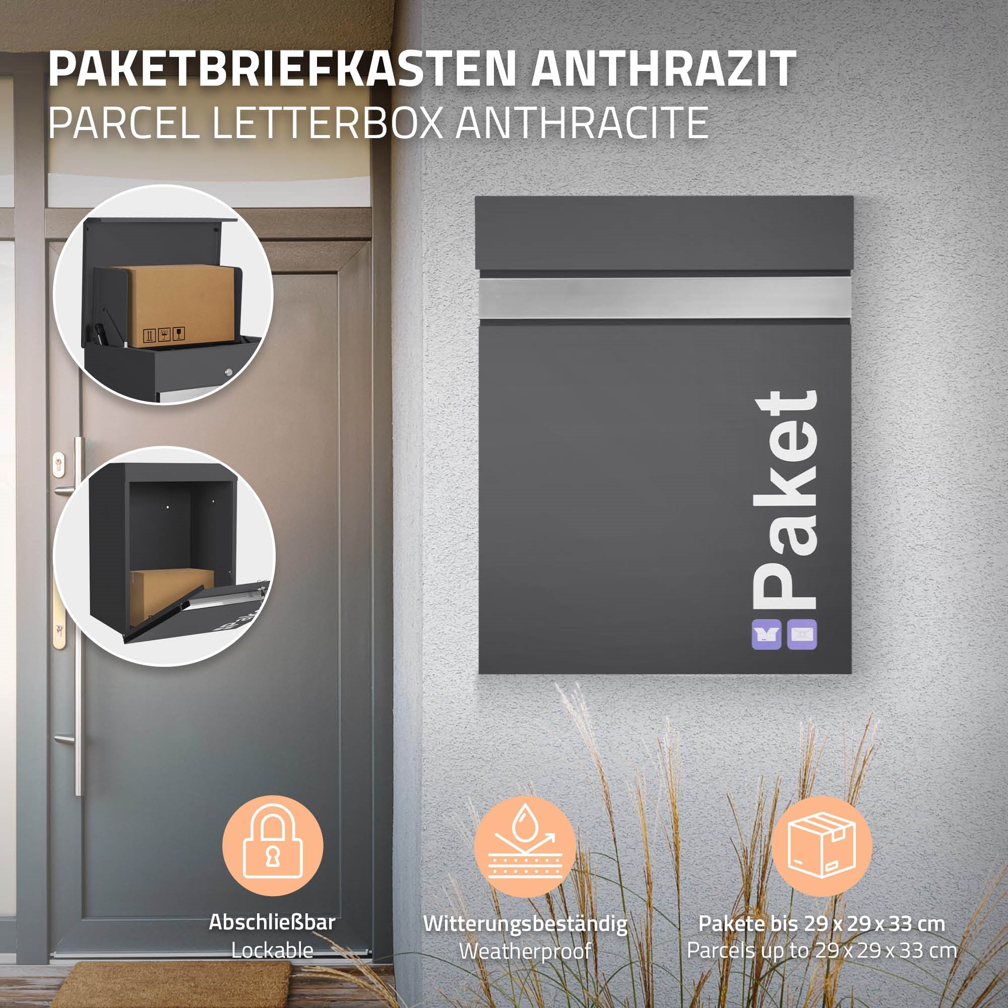 Paketbriefkasten in Anthrazit mit einem Paket und dem Schriftzug 'Paket'.