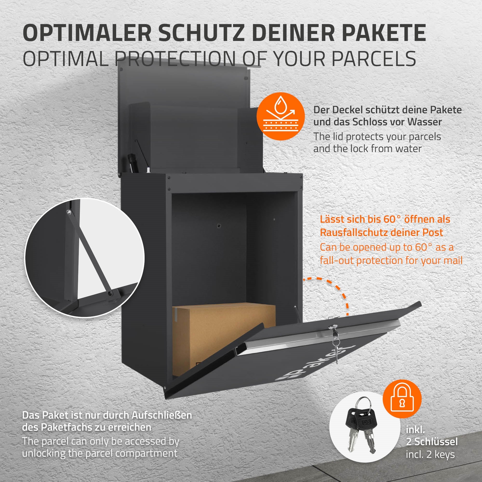 Paketbox mit Deckel, der Schutz vor Wasser bietet.