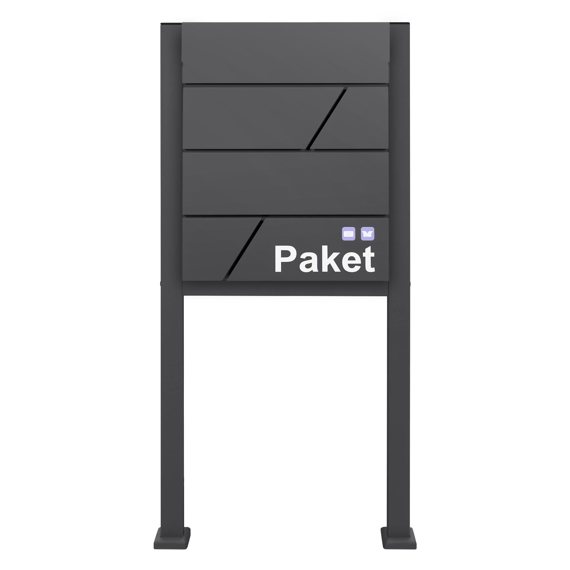Buzón de paquetes negro con cuatro compartimentos y la inscripción 'Paquete'.