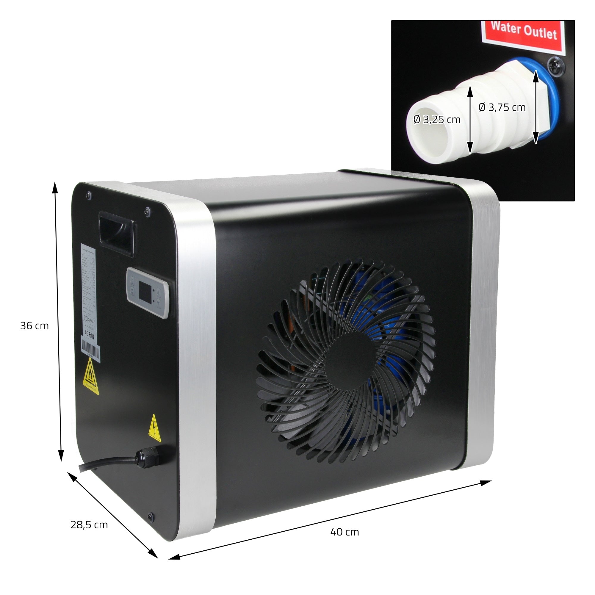 Sort varmepumpe med ventilator og vandtilslutning, mål: 40x28,5x36 cm.