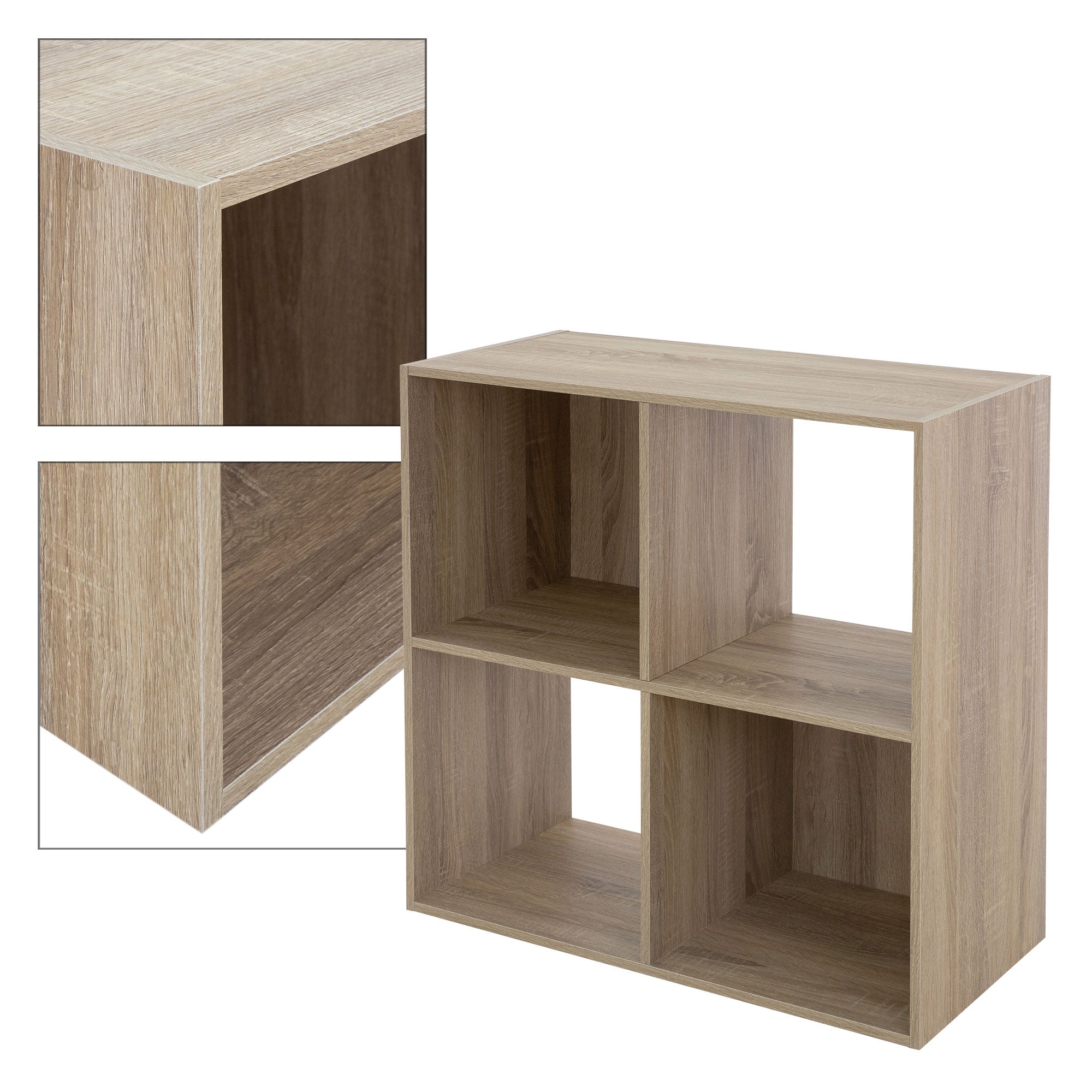 Holzregal in heller Farbe mit vier Fächern.