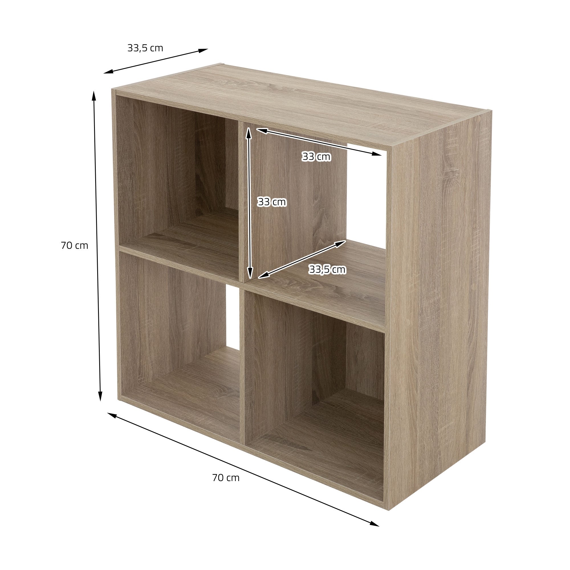 Holzregal mit Maßen und Abmessungen in cm eingezeichnet.