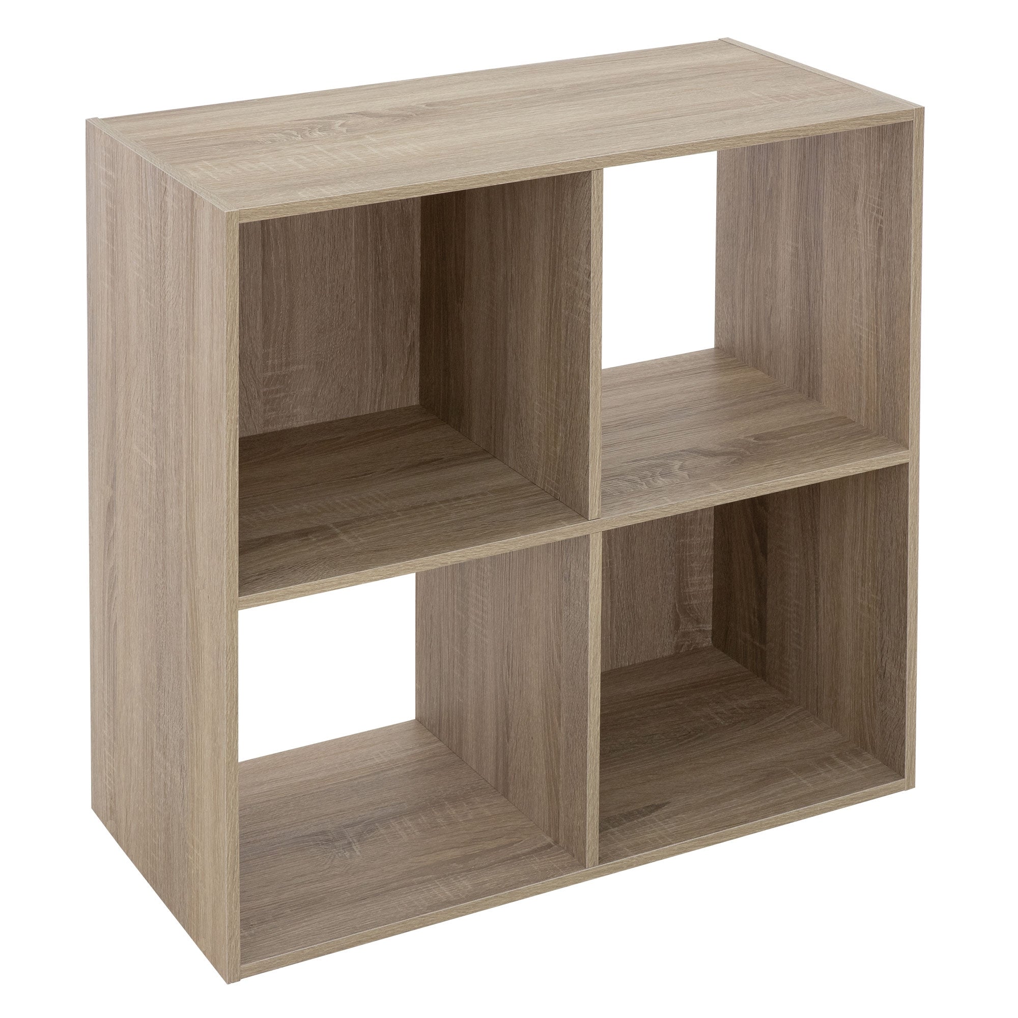 Holzregal mit vier Fächern in heller Holzoptik.