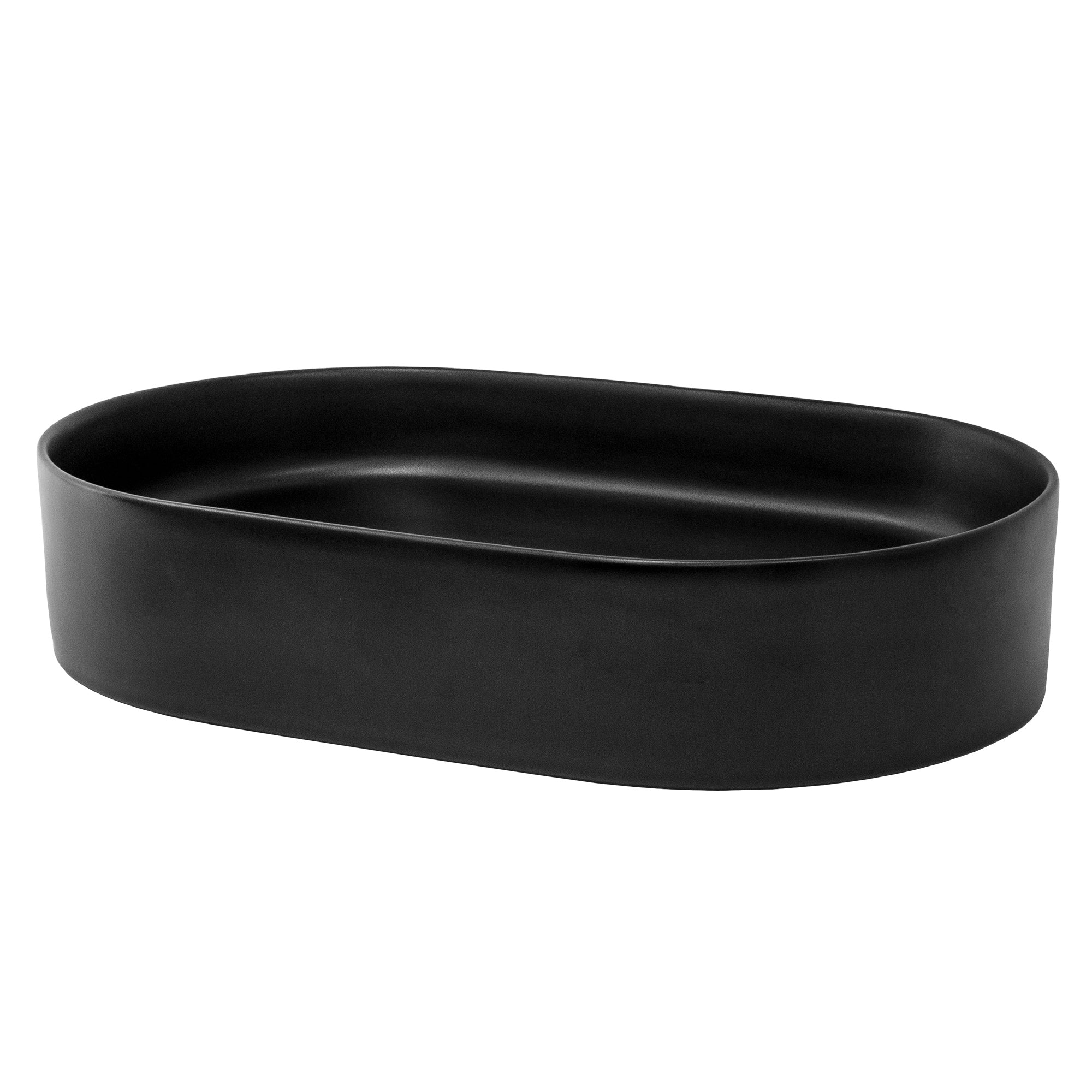 Musta, soikea kulho ilman sisältöä valkoisella taustalla.