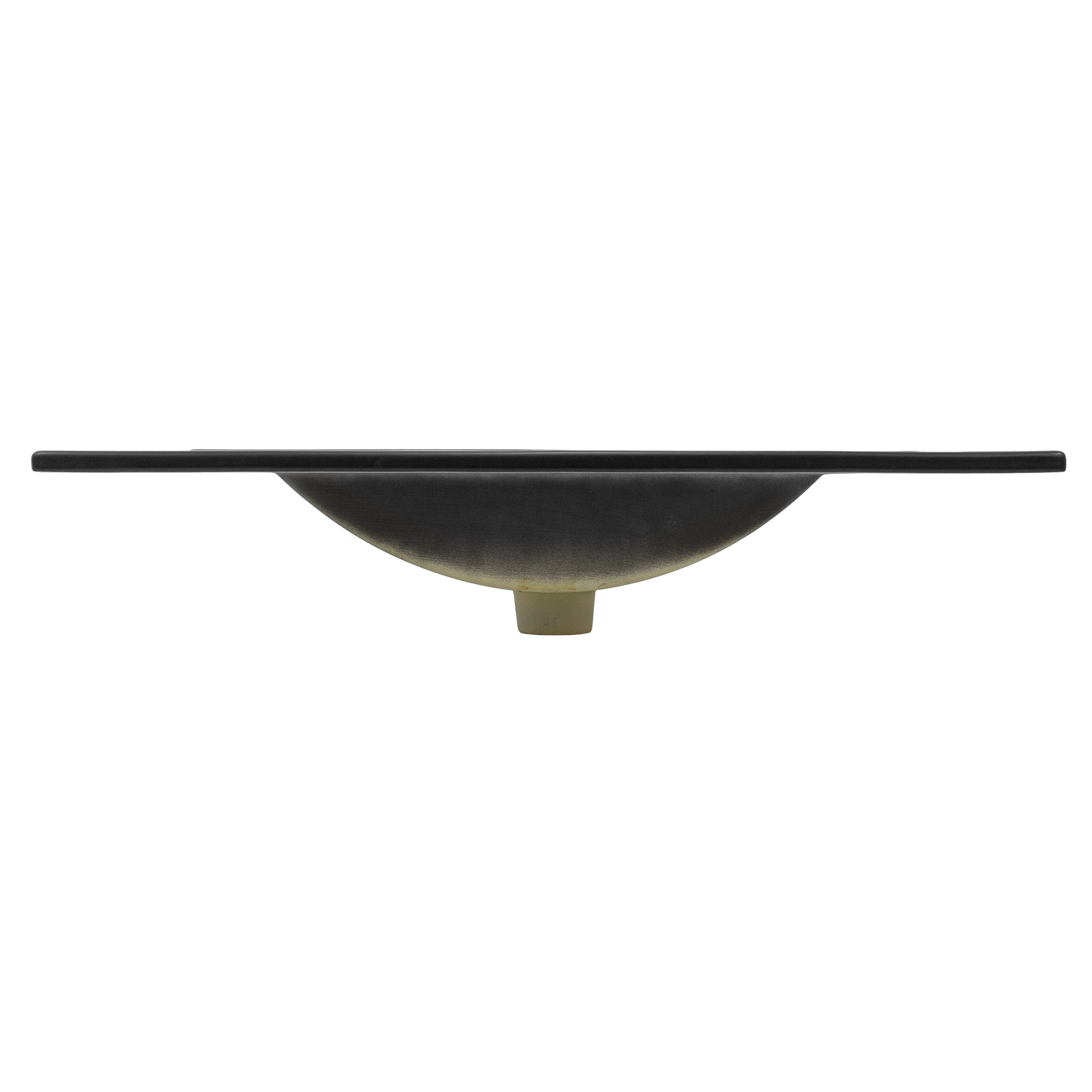 Schwarze, flache Schale mit einem zentralen Abfluss.