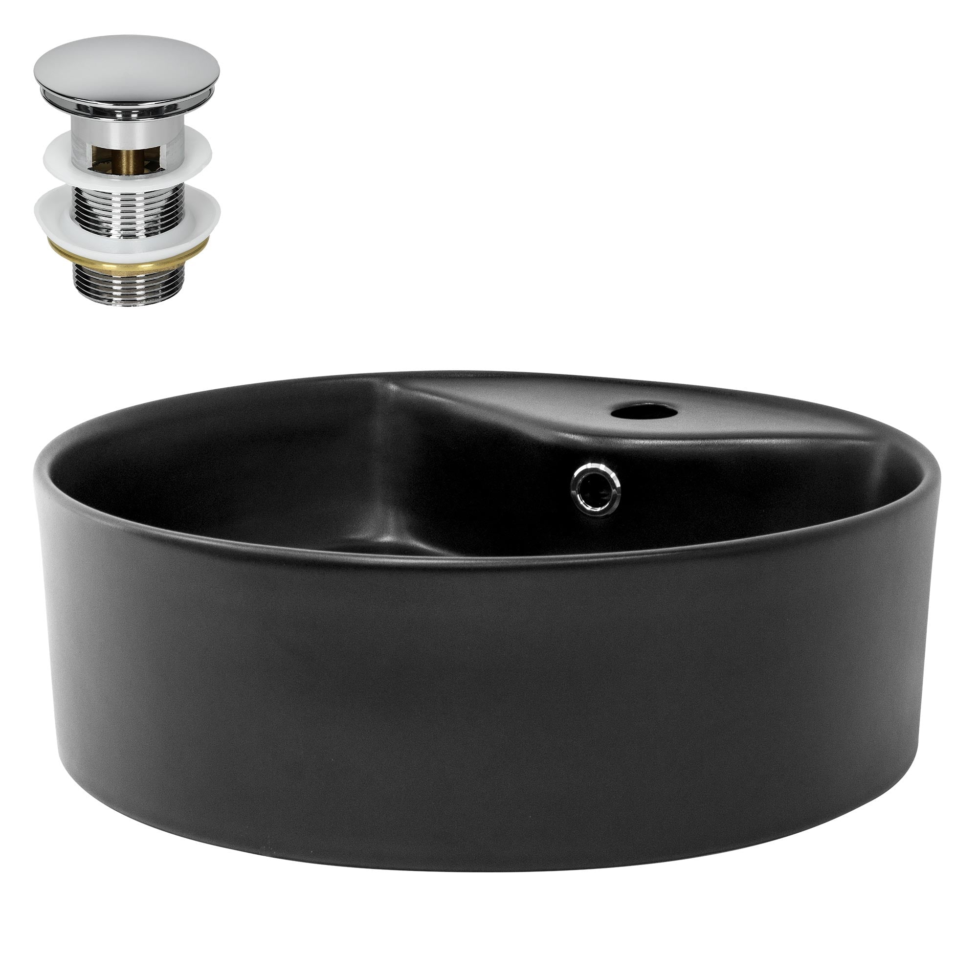 Black sink with drain and accessories.
