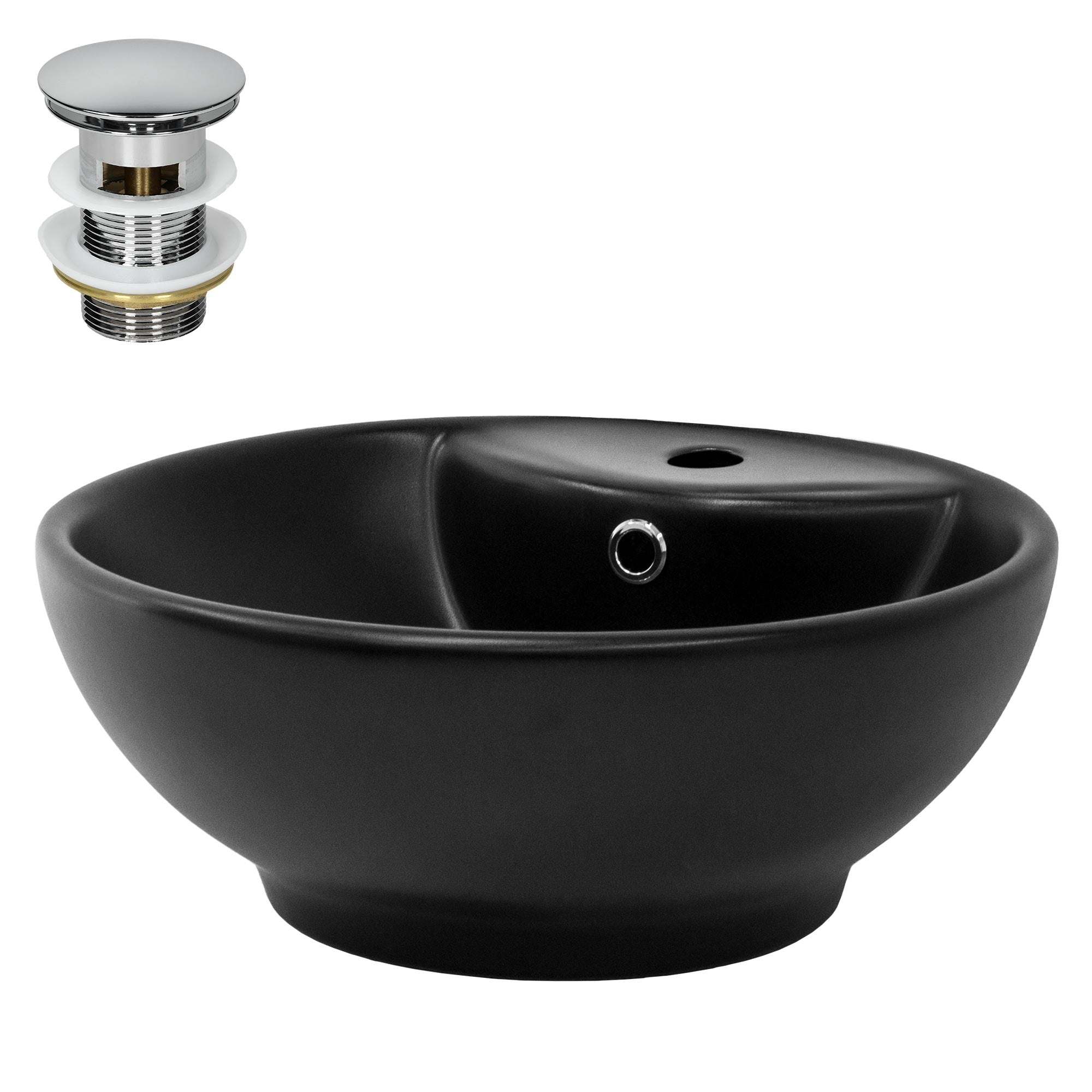 Black bowl with drain and chrome drain valve.