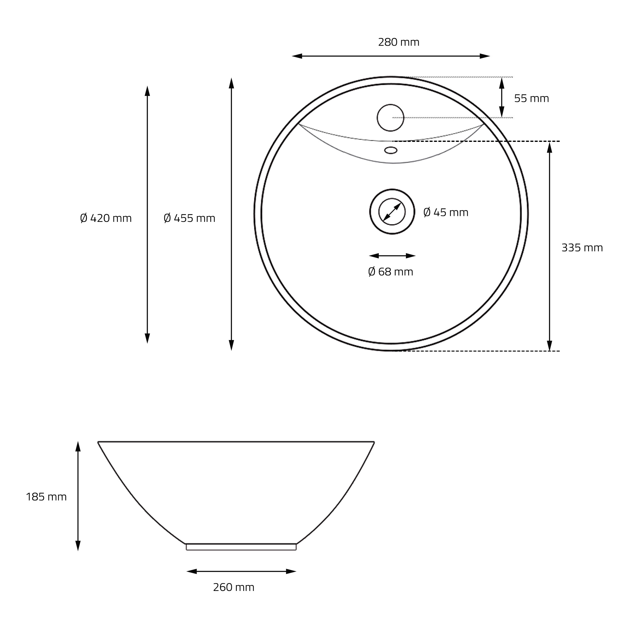 Disegno tecnico di un lavabo rotondo con misure.