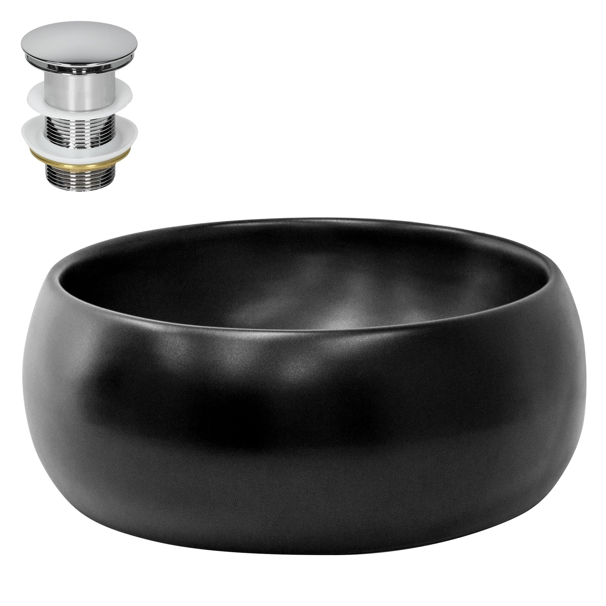 Lavabo rond noir avec un drain amovible.