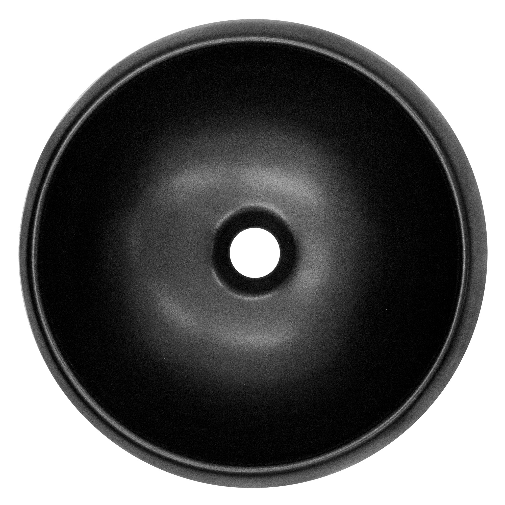 Lavabo rond noir avec un trou de drainage central.