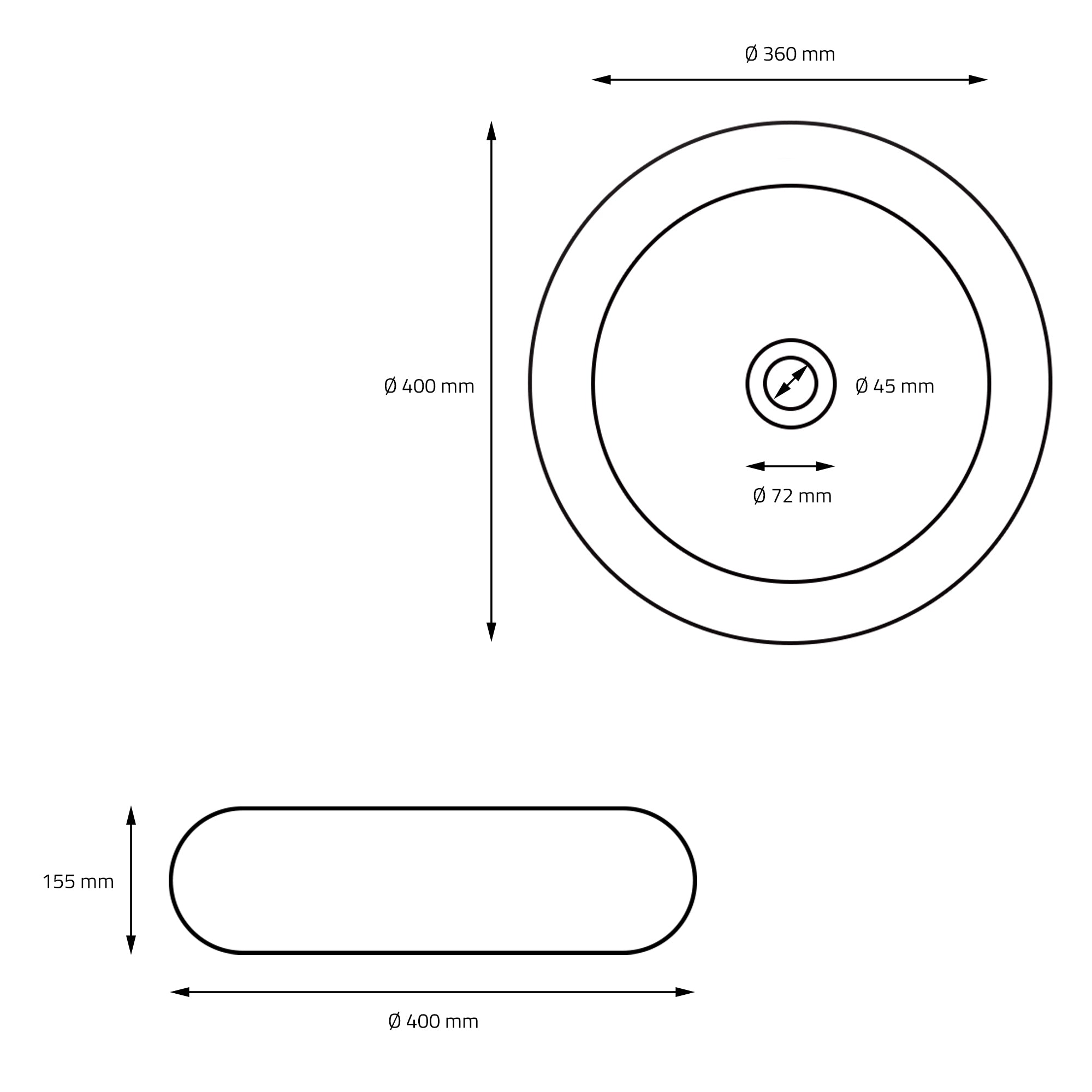 Dessin technique d'un lavabo rond avec des dimensions.