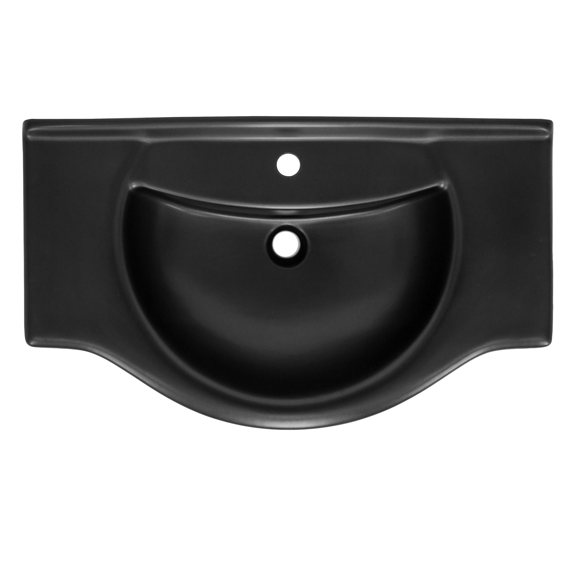 Schwarzes Waschbecken mit einer zentralen Bohrung.