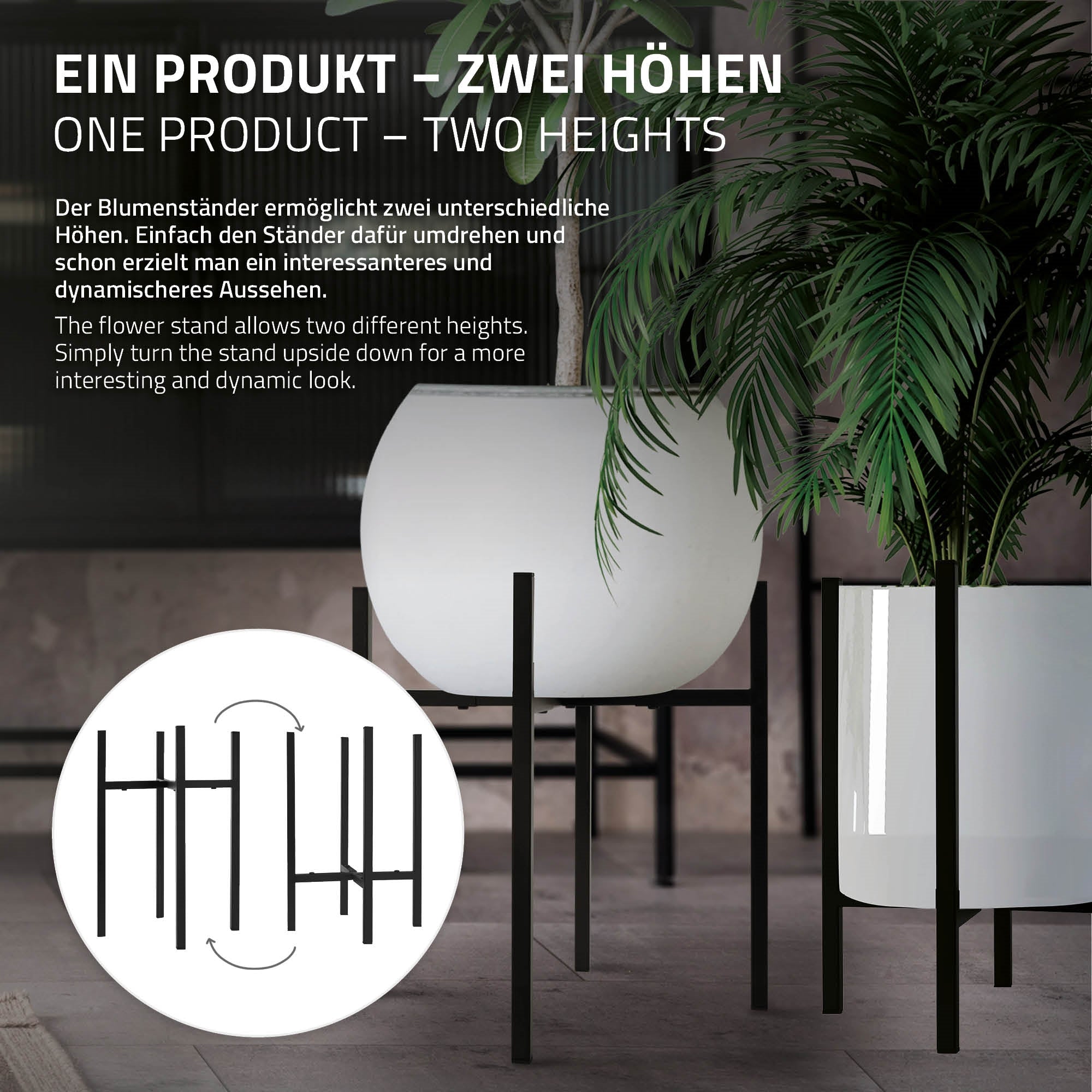 Blumenständer mit zwei Höhenoptionen und Pflanzen.