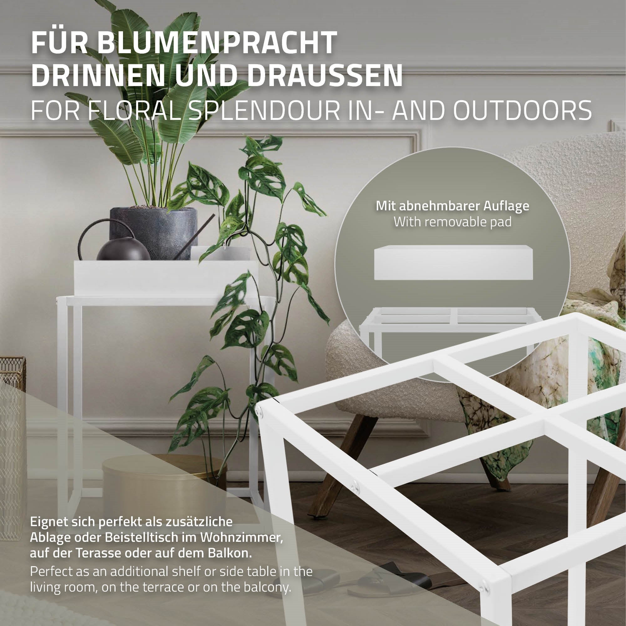 Weißer Blumenständer mit abnehmbarer Auflage und Pflanzen.