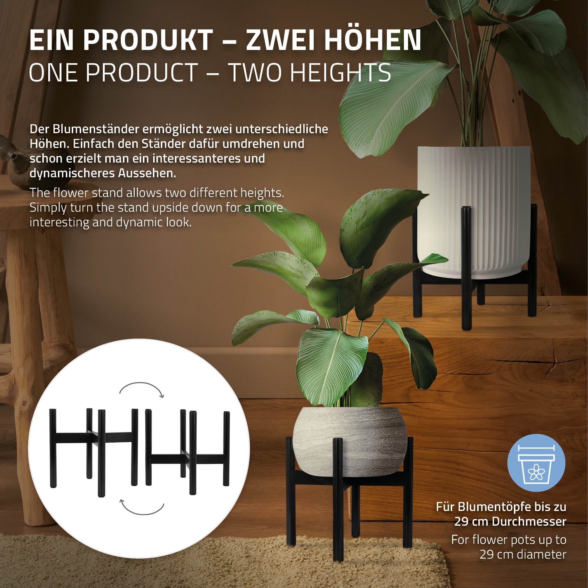Ein Blumenständer in zwei Höhen mit verschiedenen Blumentöpfen.