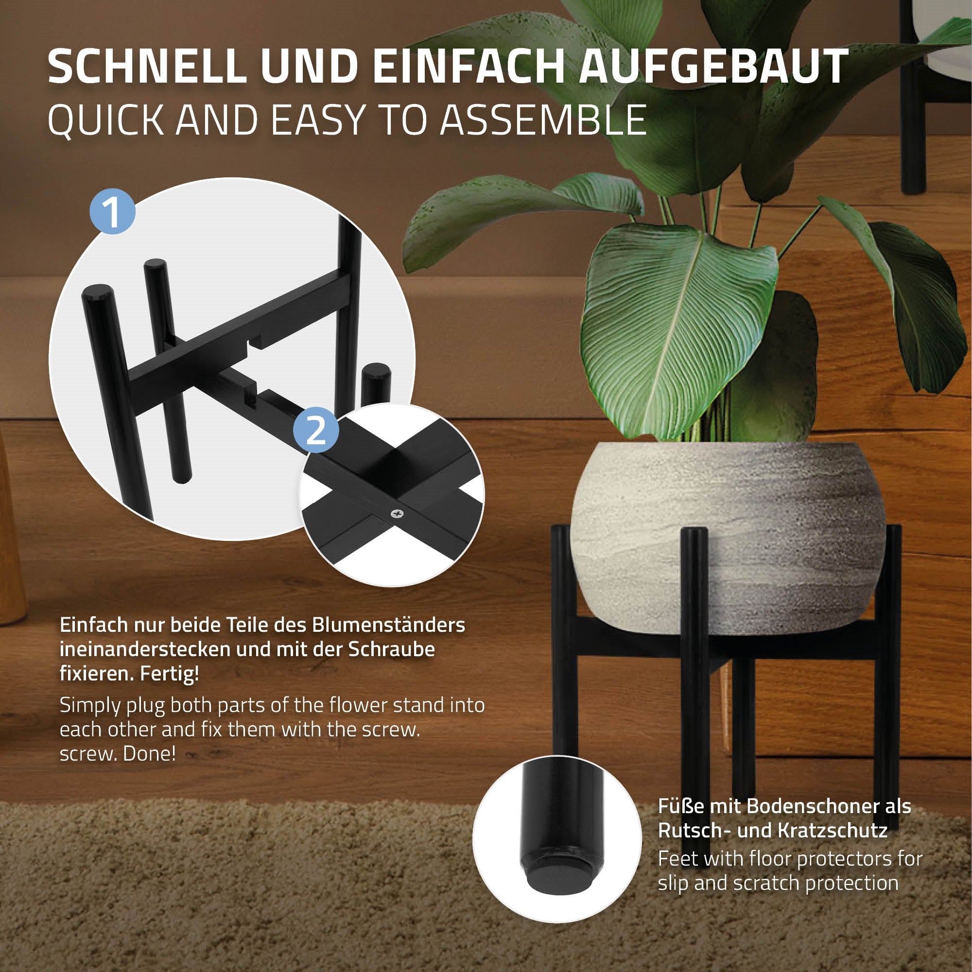 Schwarzer Blumentopfständer mit Pflanze, auf einem hellen Hintergrund.