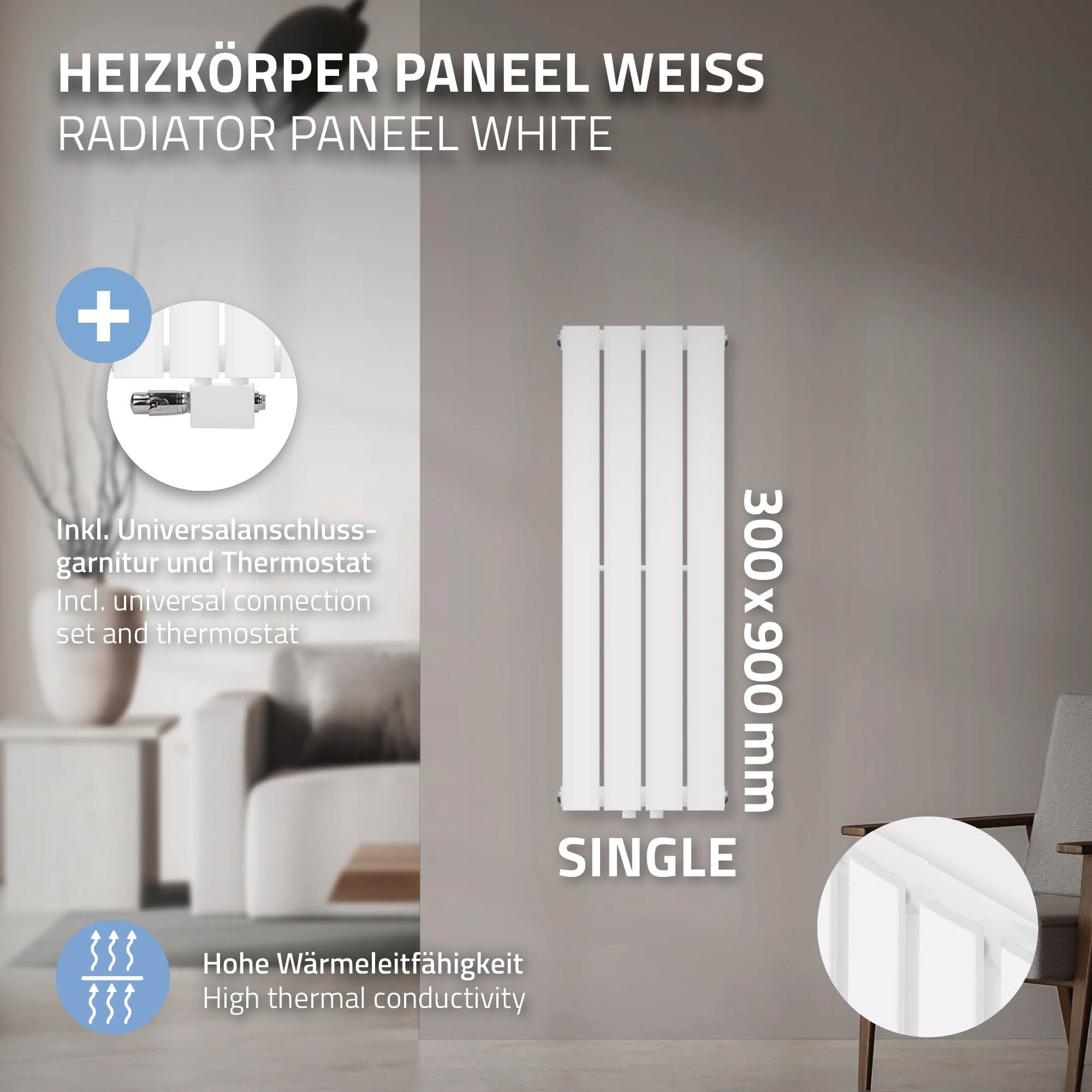 Panneau de radiateur blanc avec des dimensions de 300x900 mm.