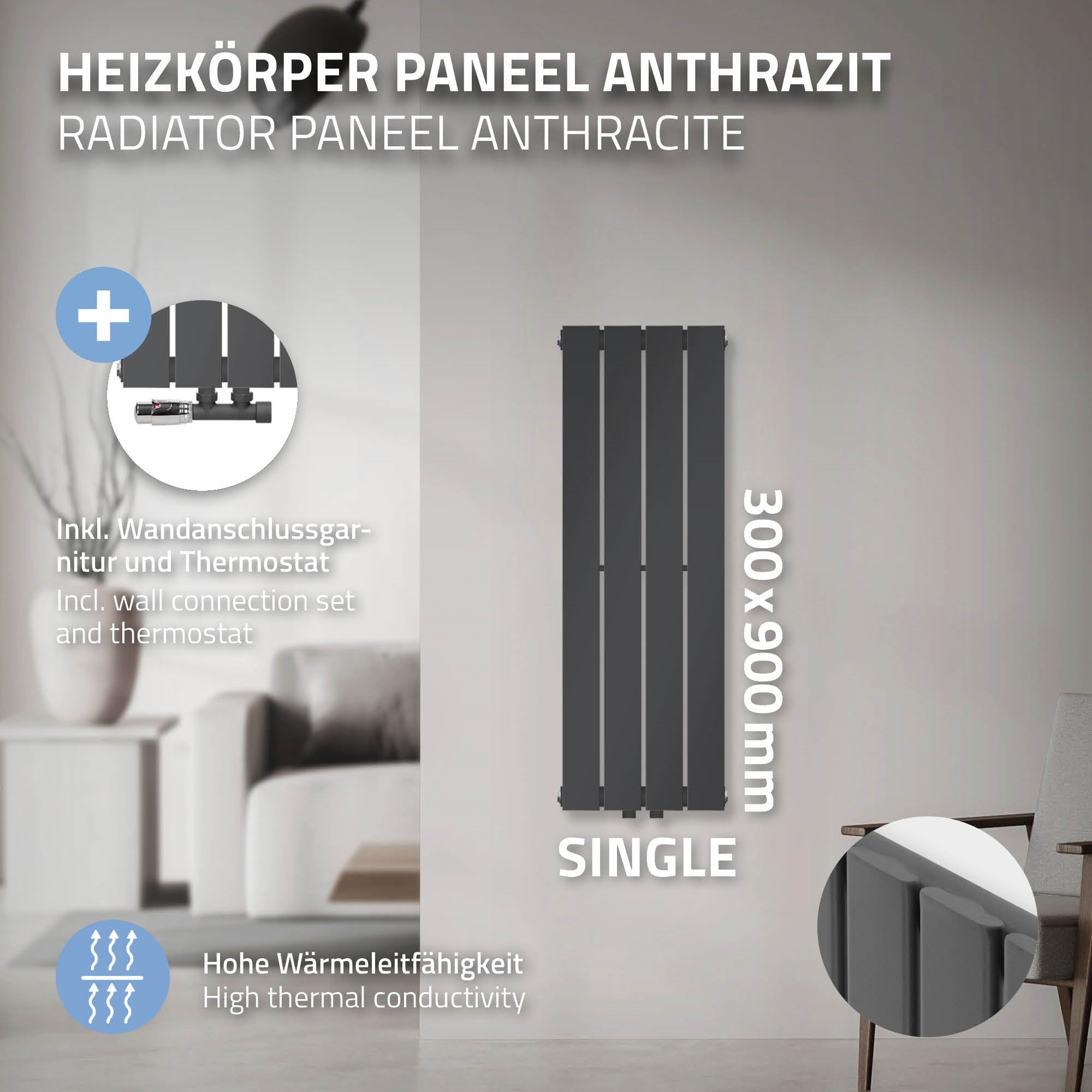 Ein anthrazitfarbenes Heizkörperpaneel mit Maßen 300x900 mm an einer Wand.