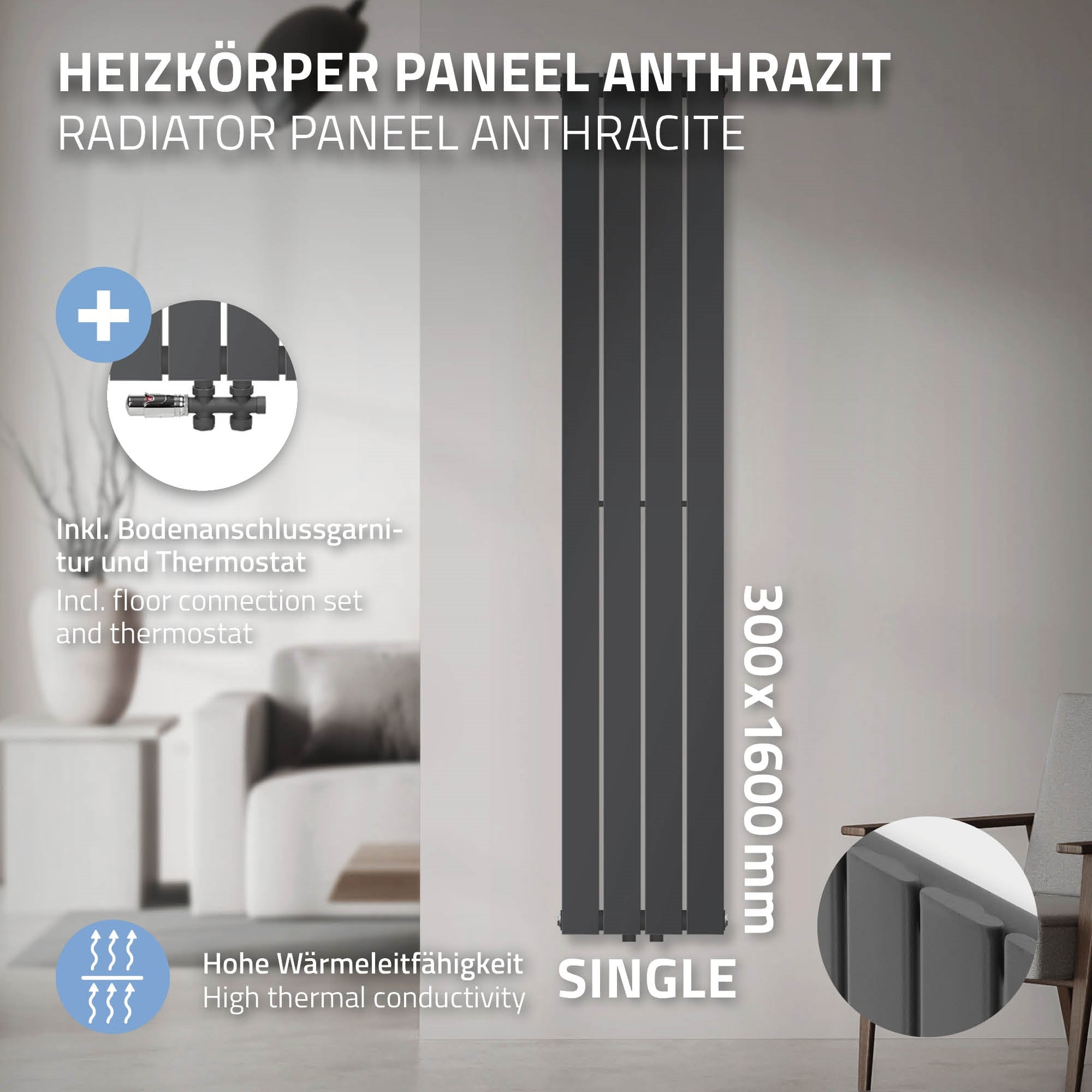 Anthrazitfarbener Heizkörper mit Bodenanschluss und Thermostat.