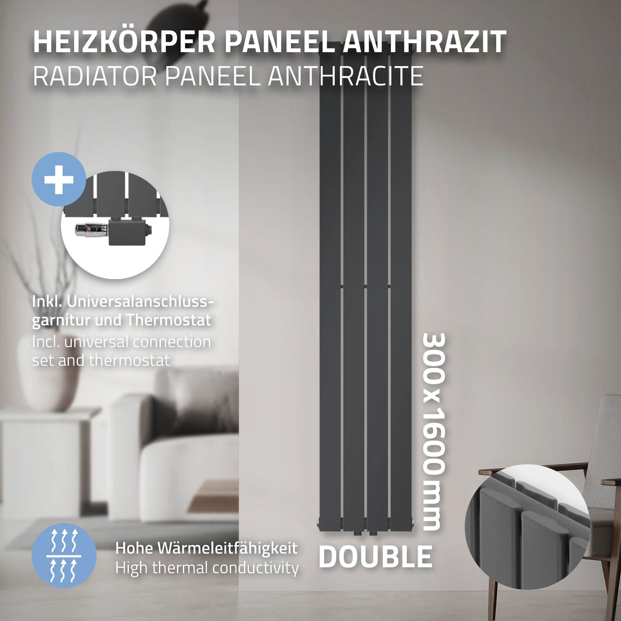 Anthrazitfarbener Heizkörper mit Wandanschluss und Thermostat.