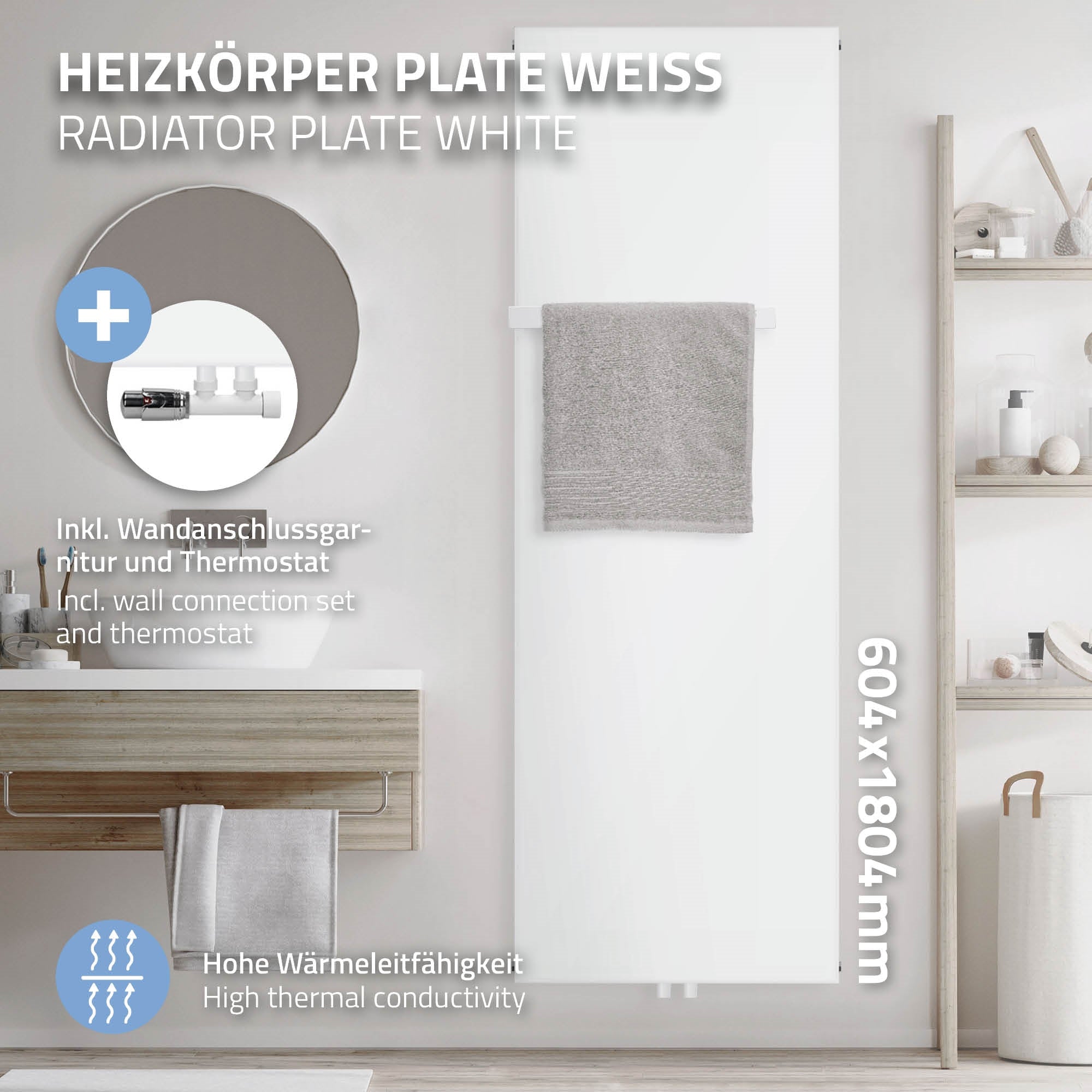 Weißer Heizkörper mit Handtuch, Wandanschluss und Thermostat, 604x1804 mm.