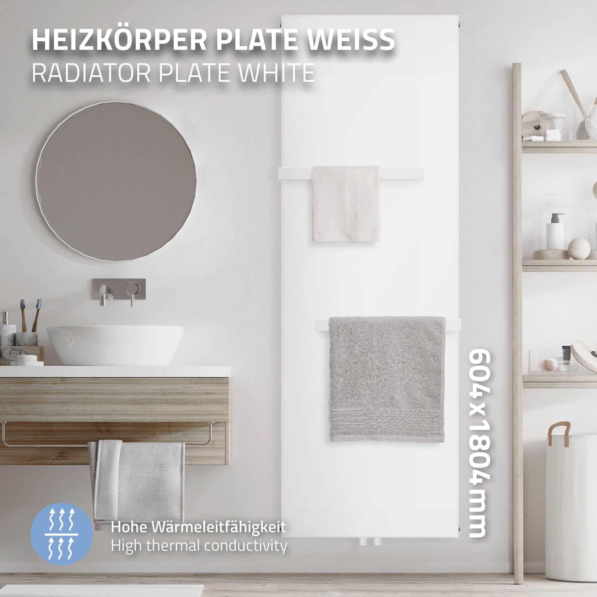 Hvid radiator med håndklæder i et moderne badeværelse.