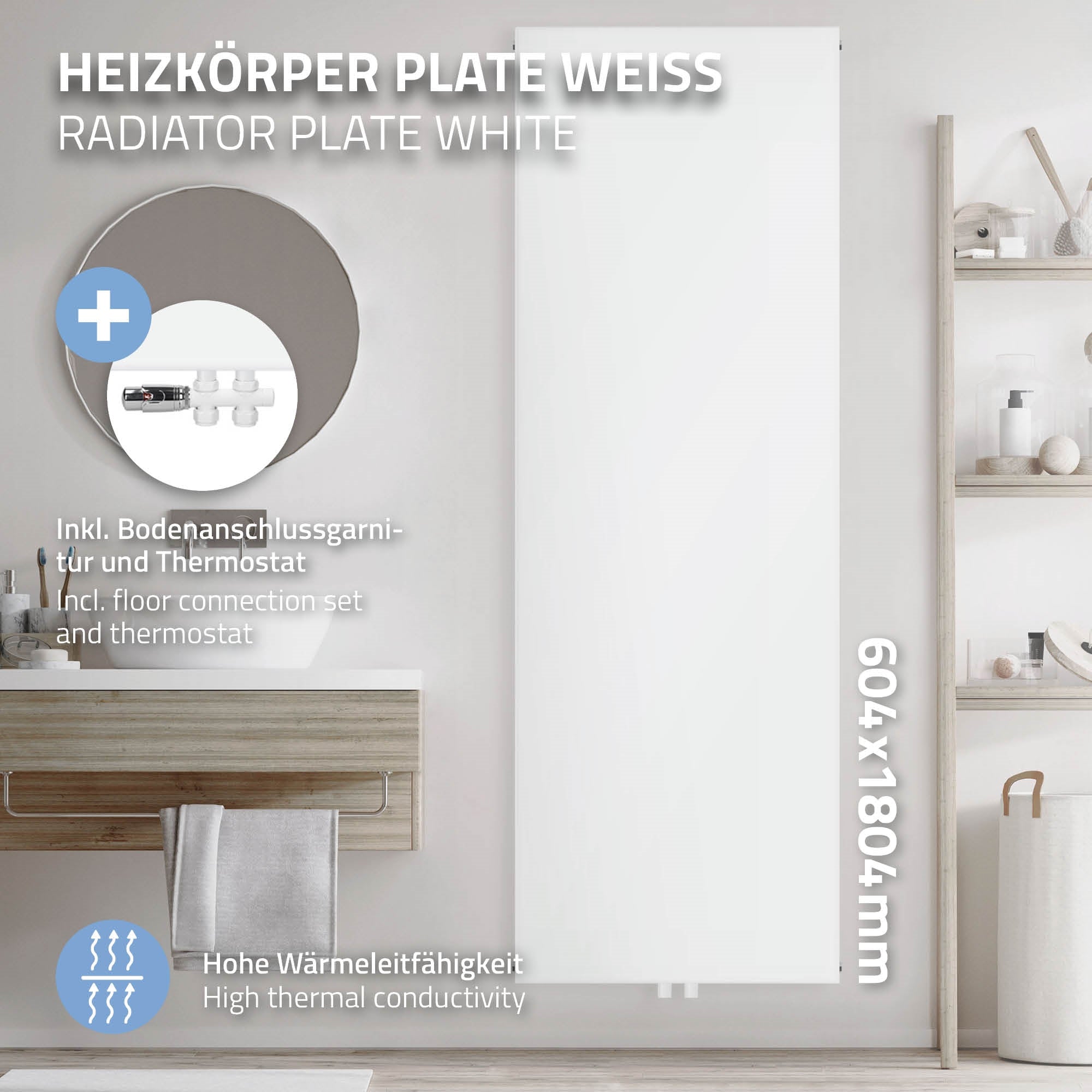 Weiße Heizkörperplatte mit Zubehör und Maßen.