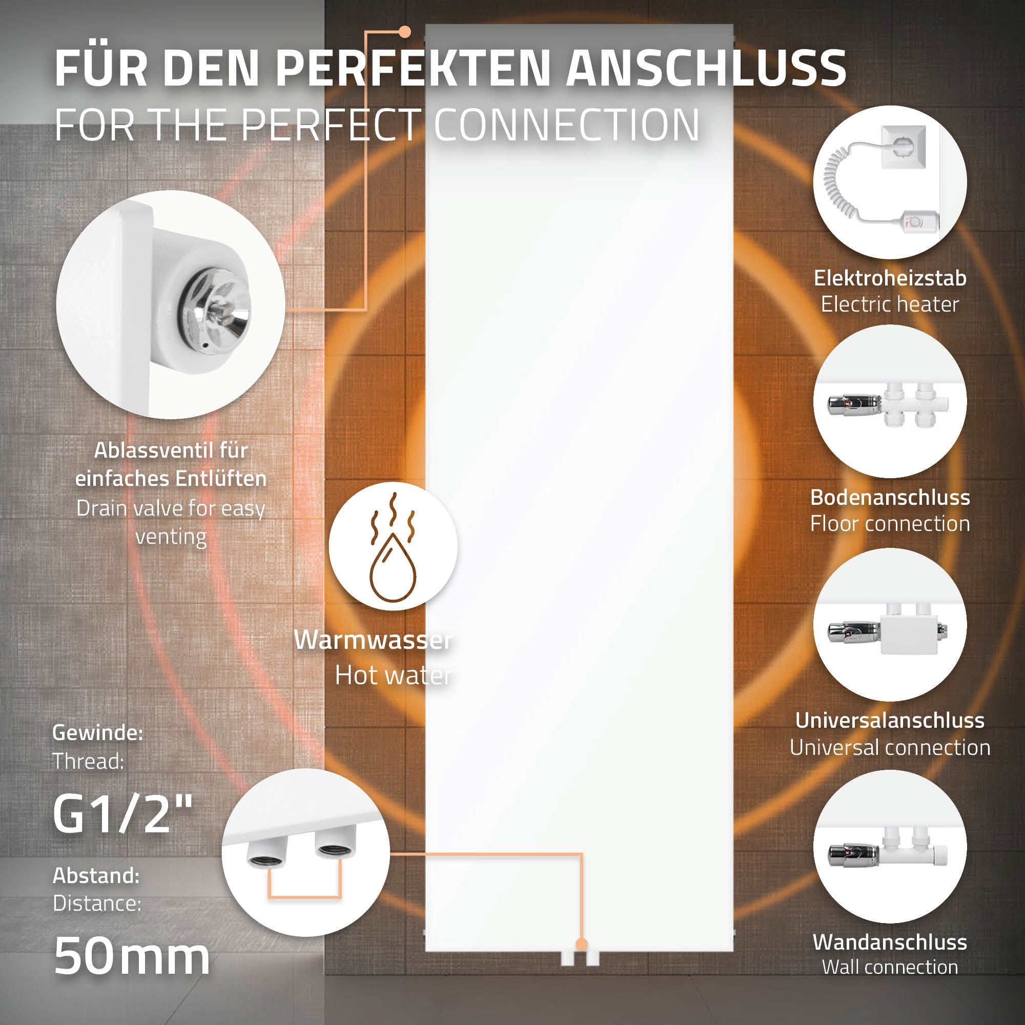 Weiße Heizkörperplatte mit Anschlussdetails und Diagramm für die Installation.