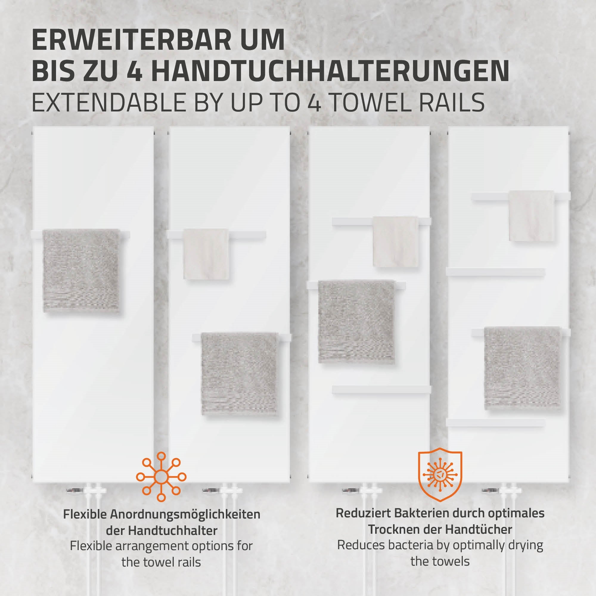 Weißer Heizkörper mit mehreren Handtuchhaltern im Badezimmer.