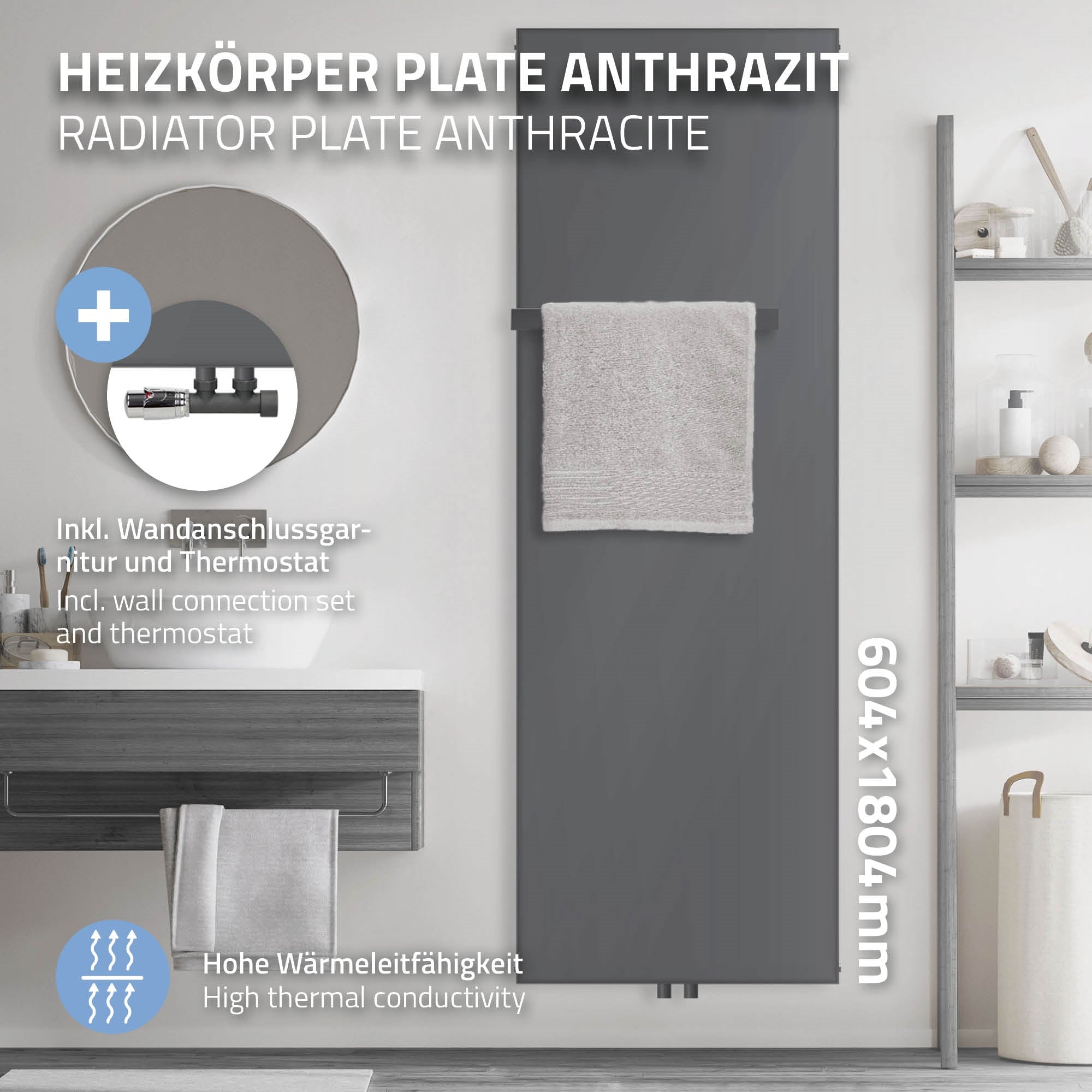 Anthrazitfarbener Heizkörper mit Handtuchhalter und Thermostat.