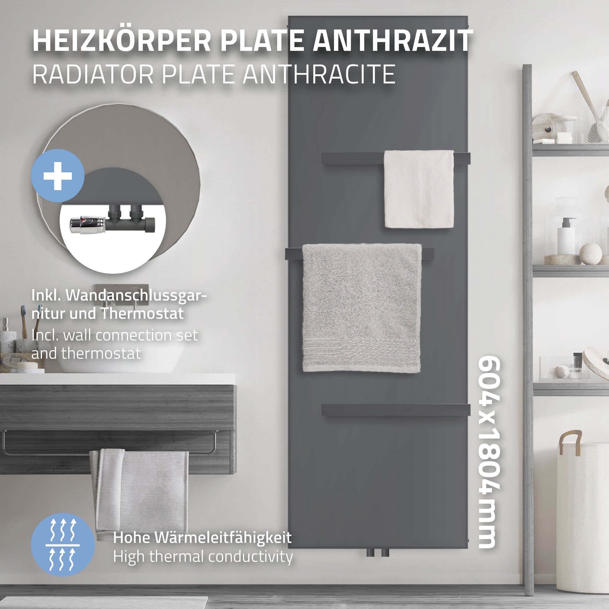 Anthrazitfarbener Heizkörper mit Handtüchern, Badezimmer im Hintergrund.