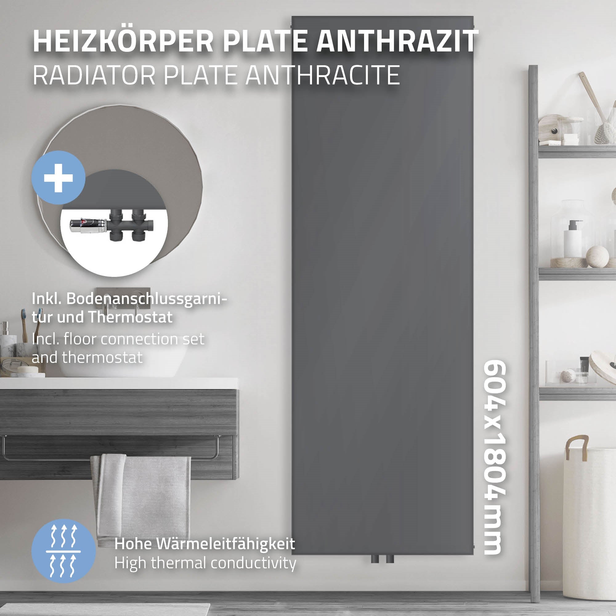 Radiateur anthracite avec serviette et accessoires.