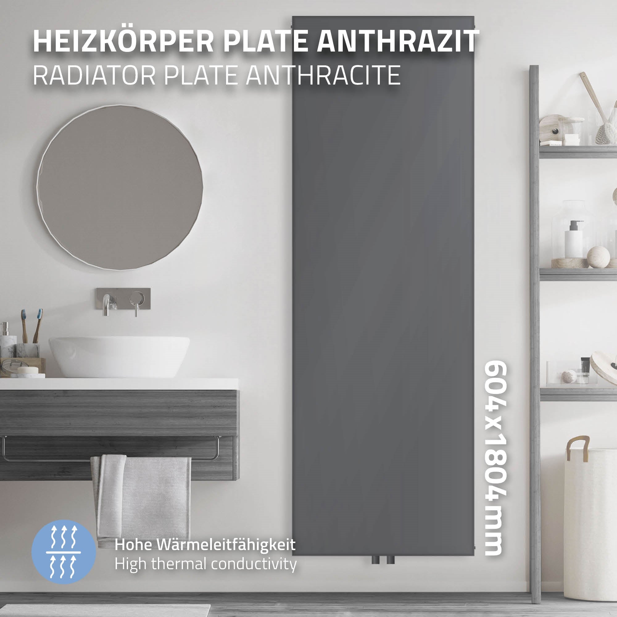 Antracietkleurige radiator aan de muur, badkamer met ronde spiegel.