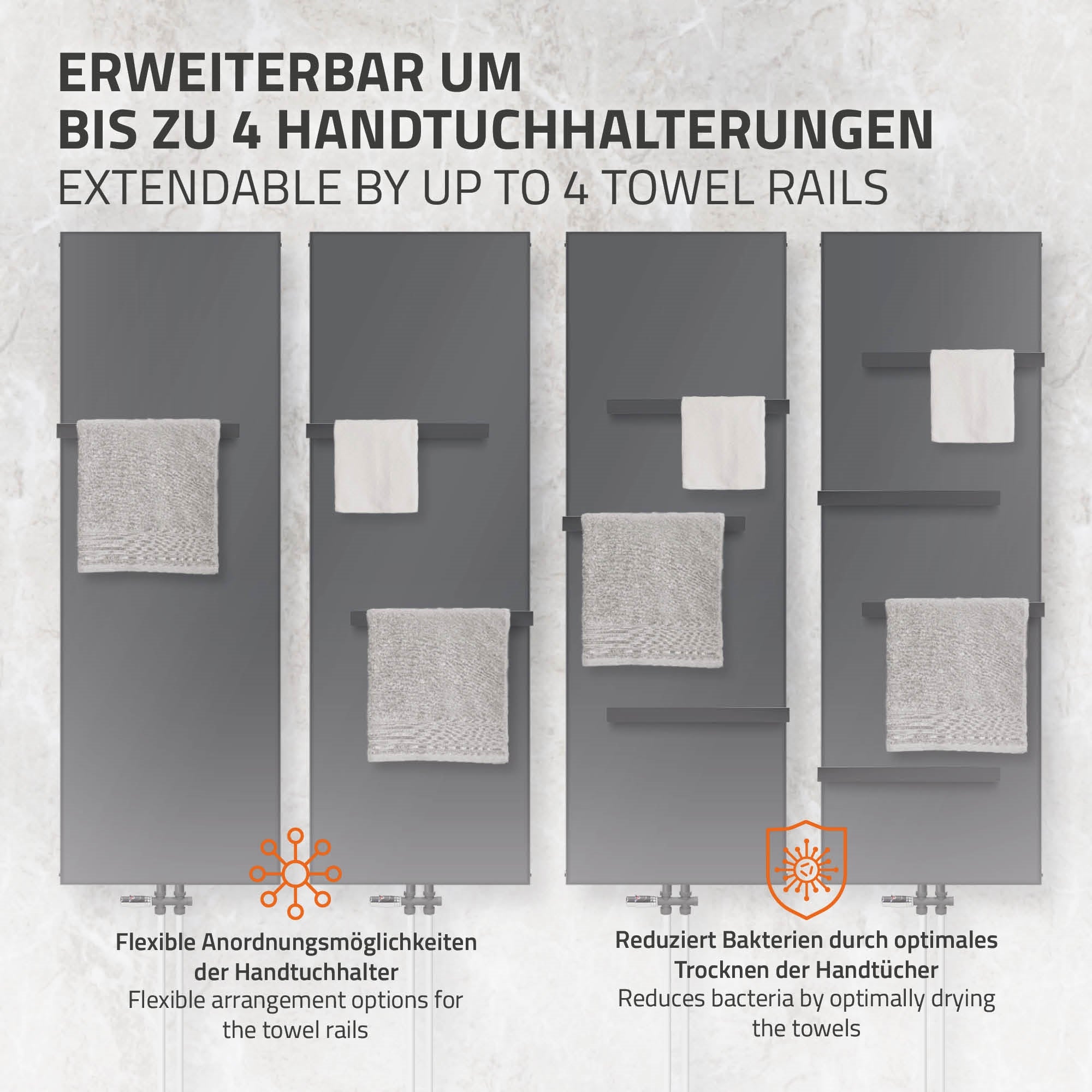 Antracietkleurige radiator met handdoekhouders in een badkamer.