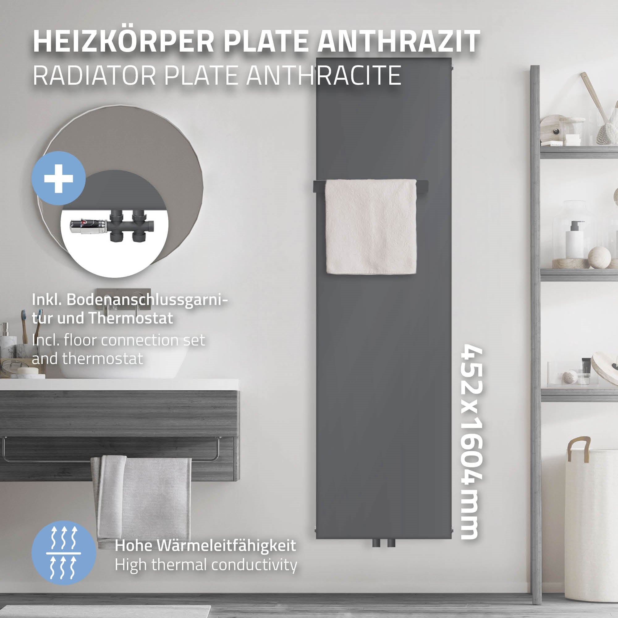 Anthrazitfarbener Heizkörper ohne Handtuch, Maße 452x1604 mm.