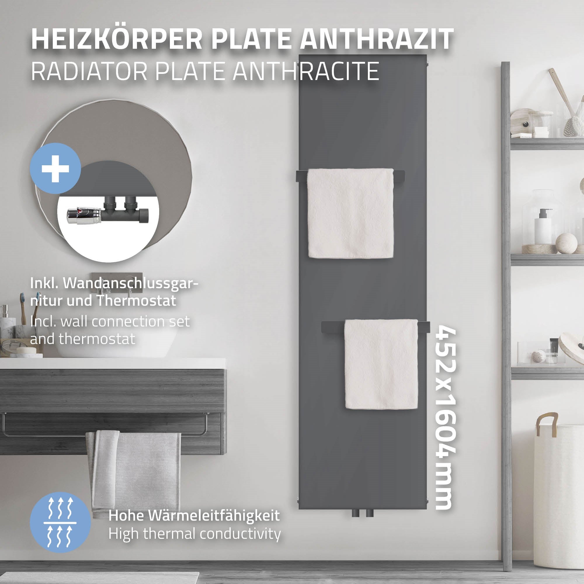 Antracit színű fűtőtest egy törölközővel, méretei 452x1604 mm.
