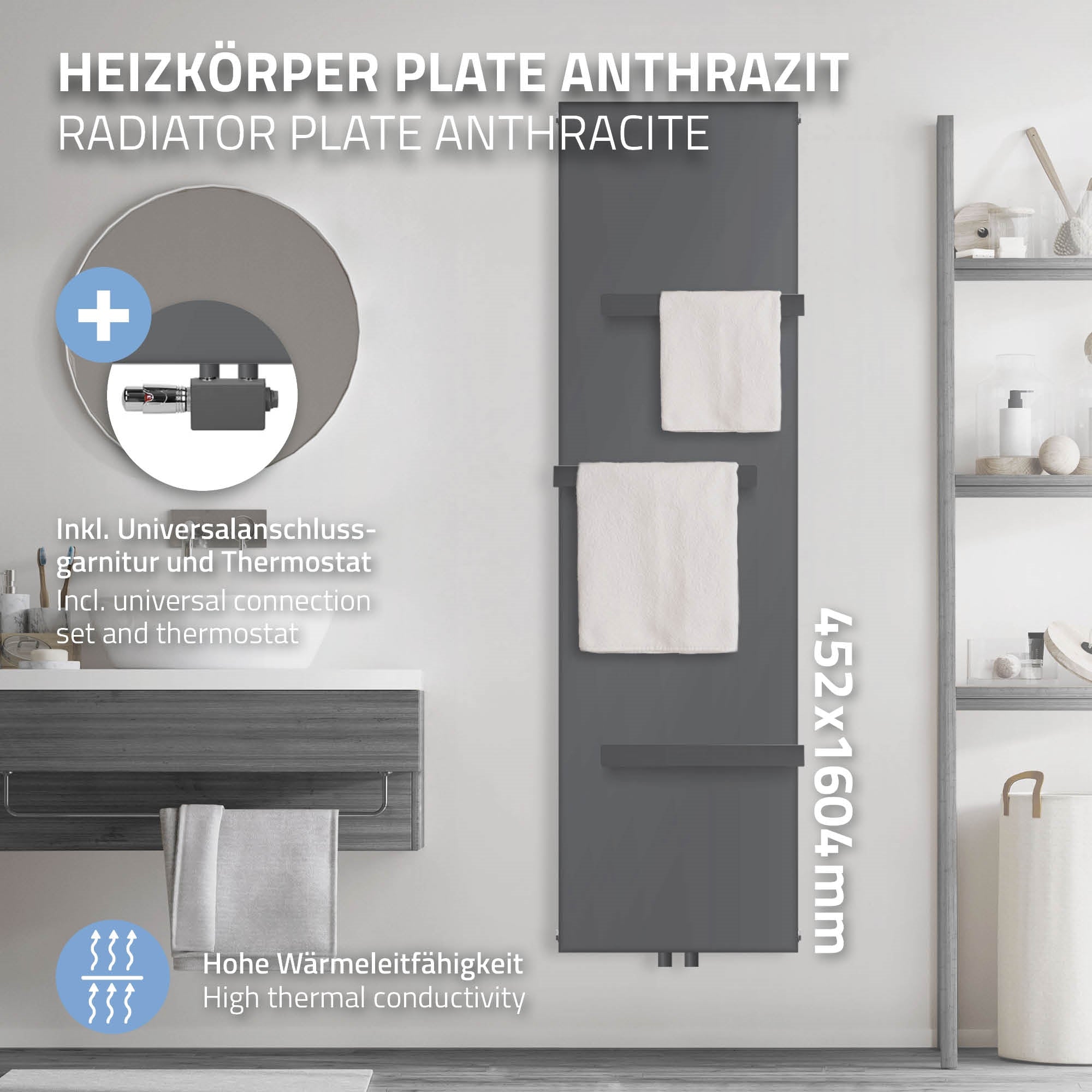 Antracit színű fűtőtest két törölközőtartóval, 452x1604mm.