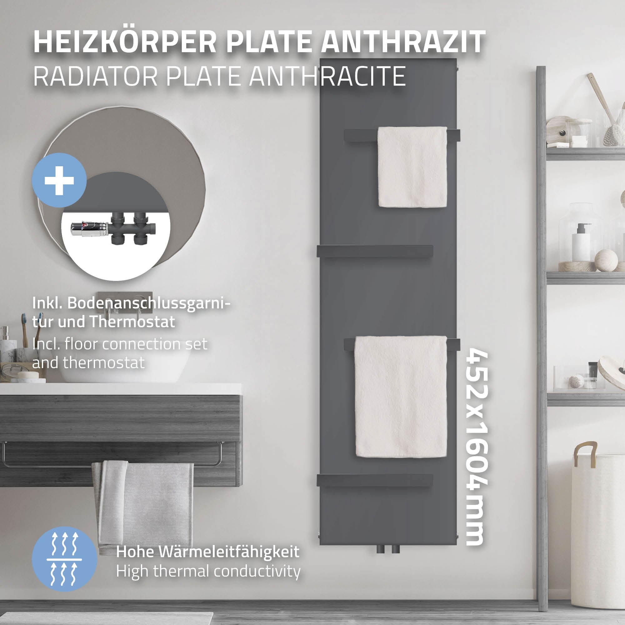 Anthrazitfarbener Heizkörper mit Handtüchern, Maße 452x1604 mm.