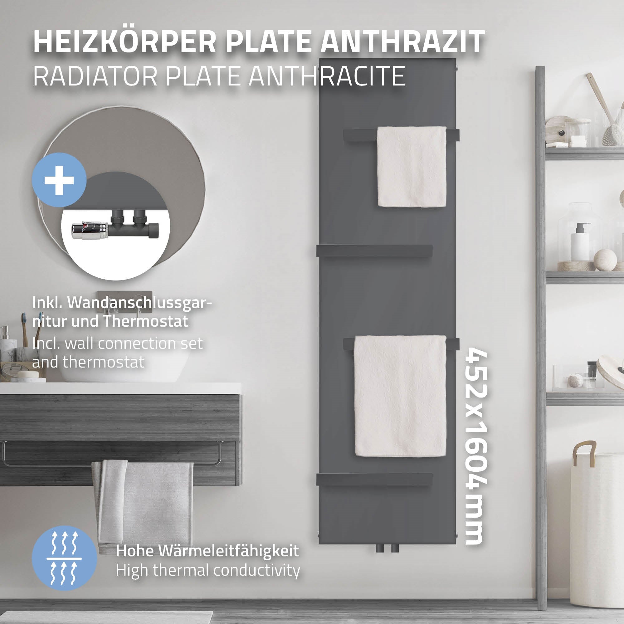 Antracit színű radiátor két törölközővel, falra szerelve, méretek 452x1604 mm.
