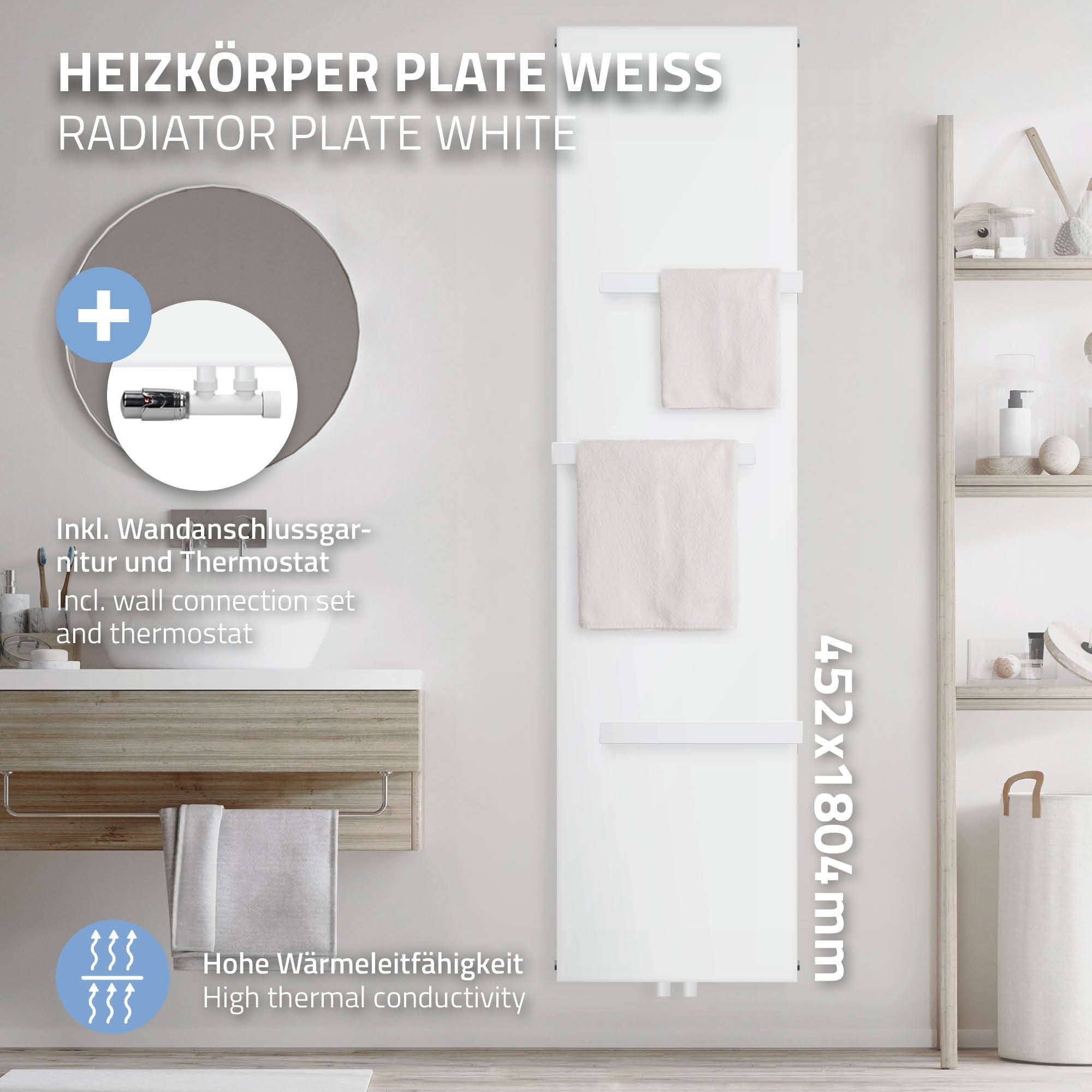 Weißer Heizkörper mit Wandanschluss und zwei Handtüchern.