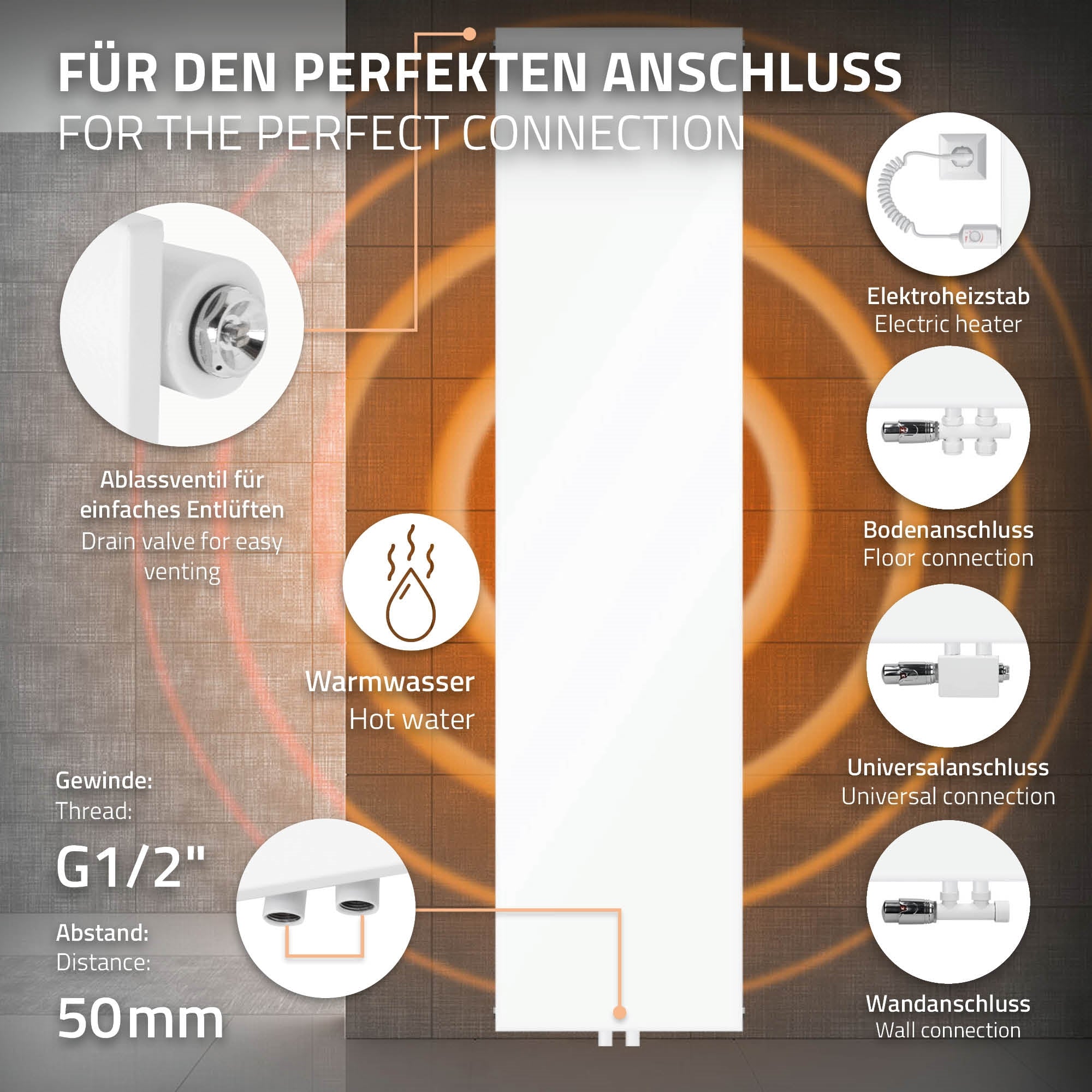 Radiatore bianco con due asciugamani, dimensioni 452x1804mm.