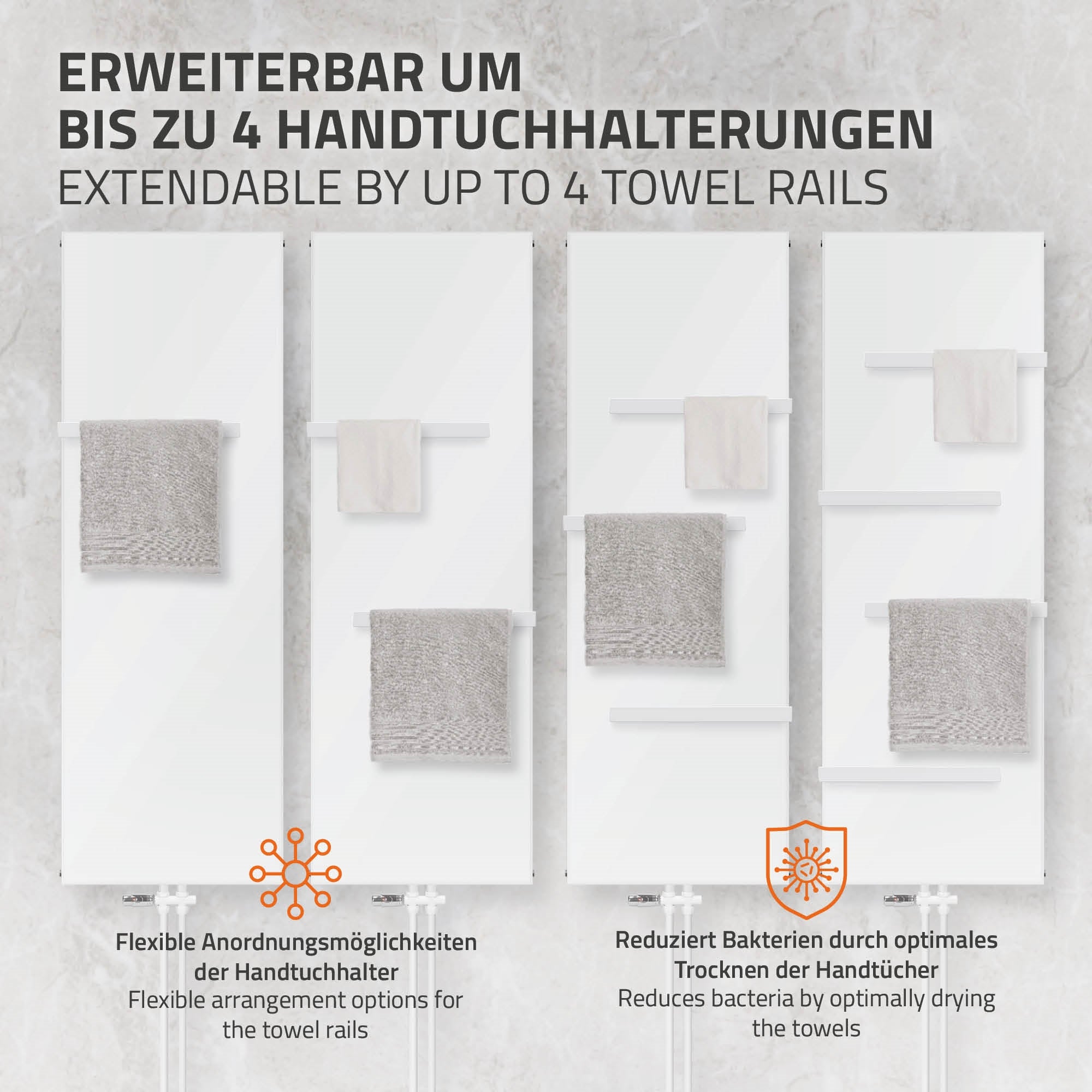 Weißer Heizkörper mit Handtuchhaltern in einem Badezimmer.