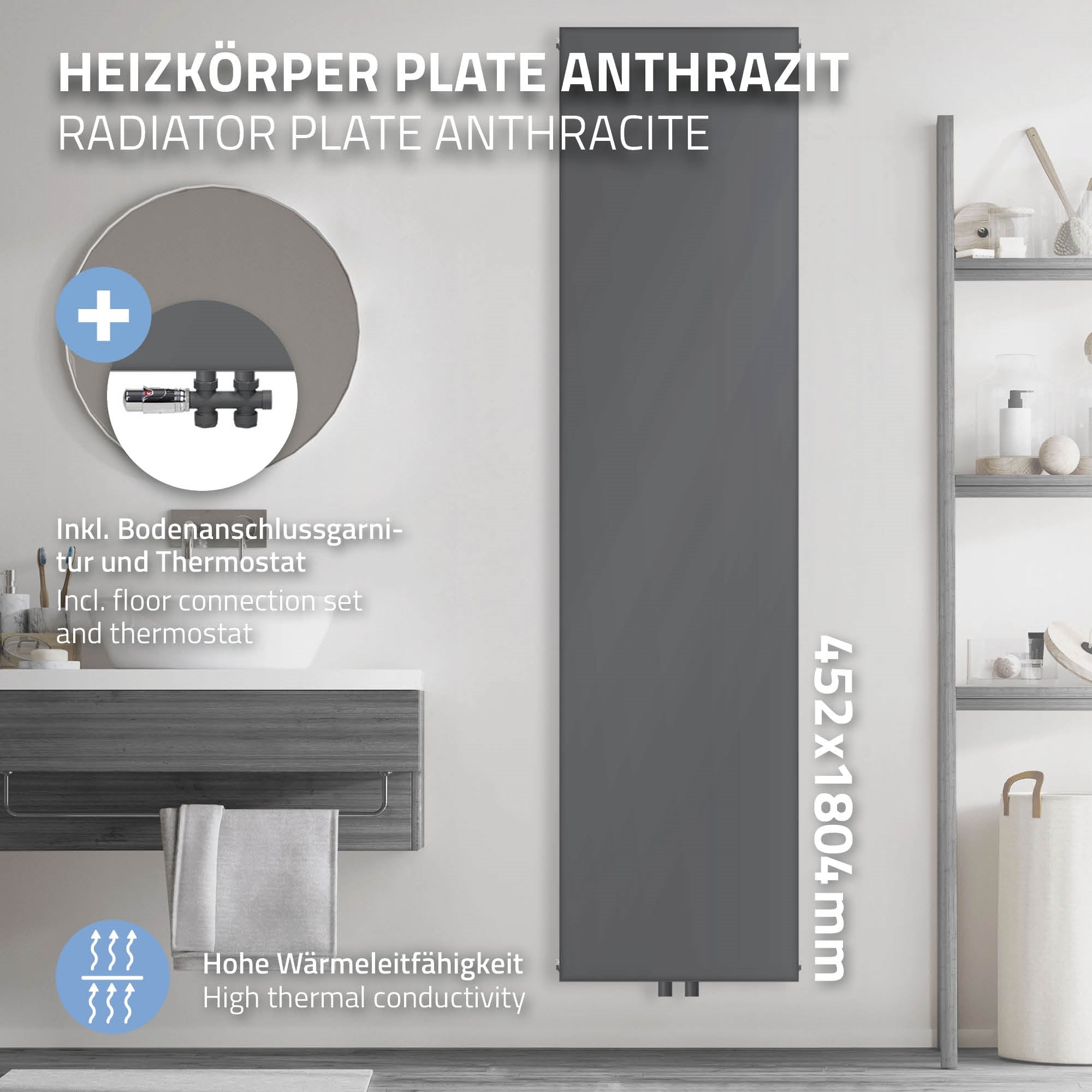 Antracit színű radiátor padlós csatlakozással és termosztáttal egy fürdőszobában.