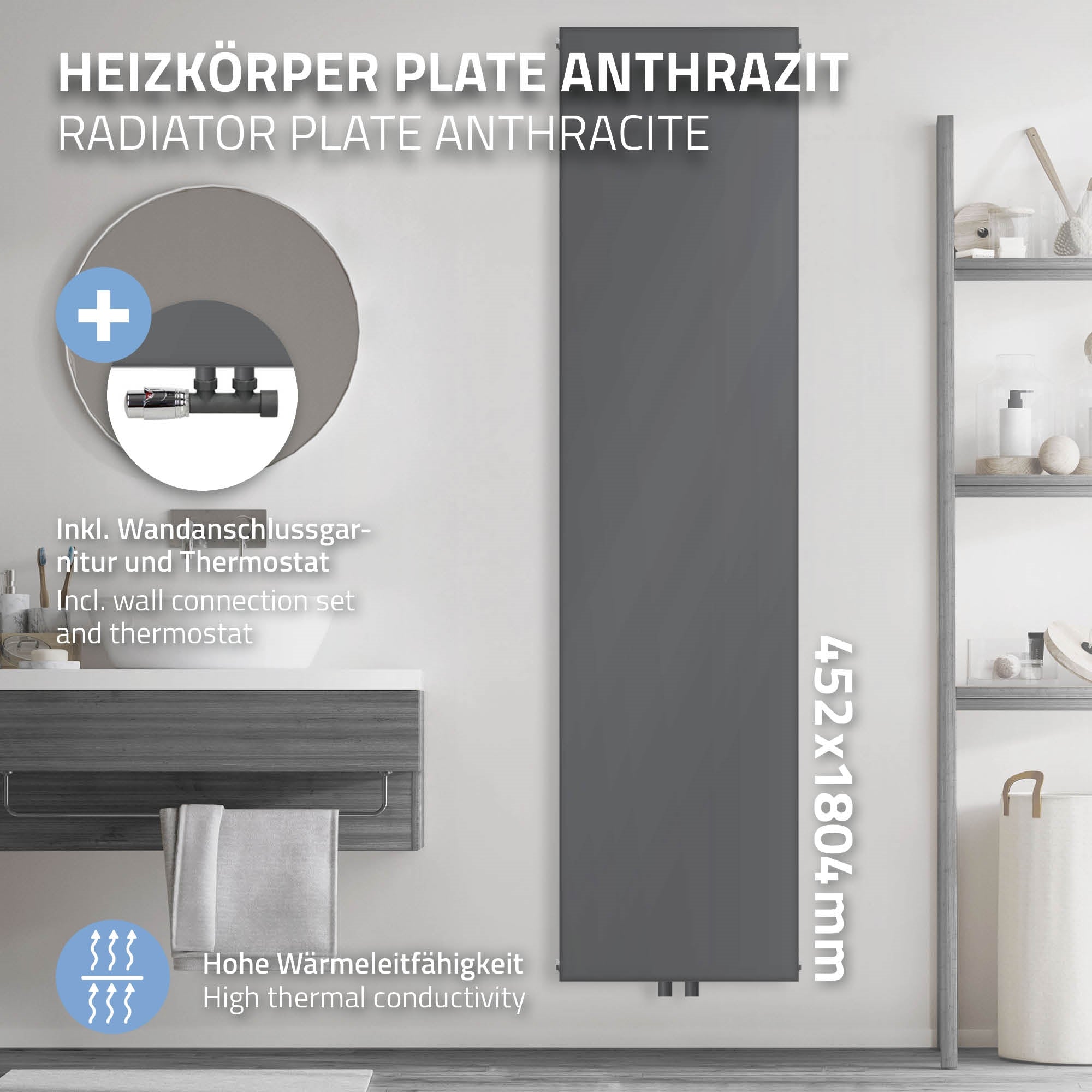 Radiateur anthracite avec porte-serviettes et accessoires.