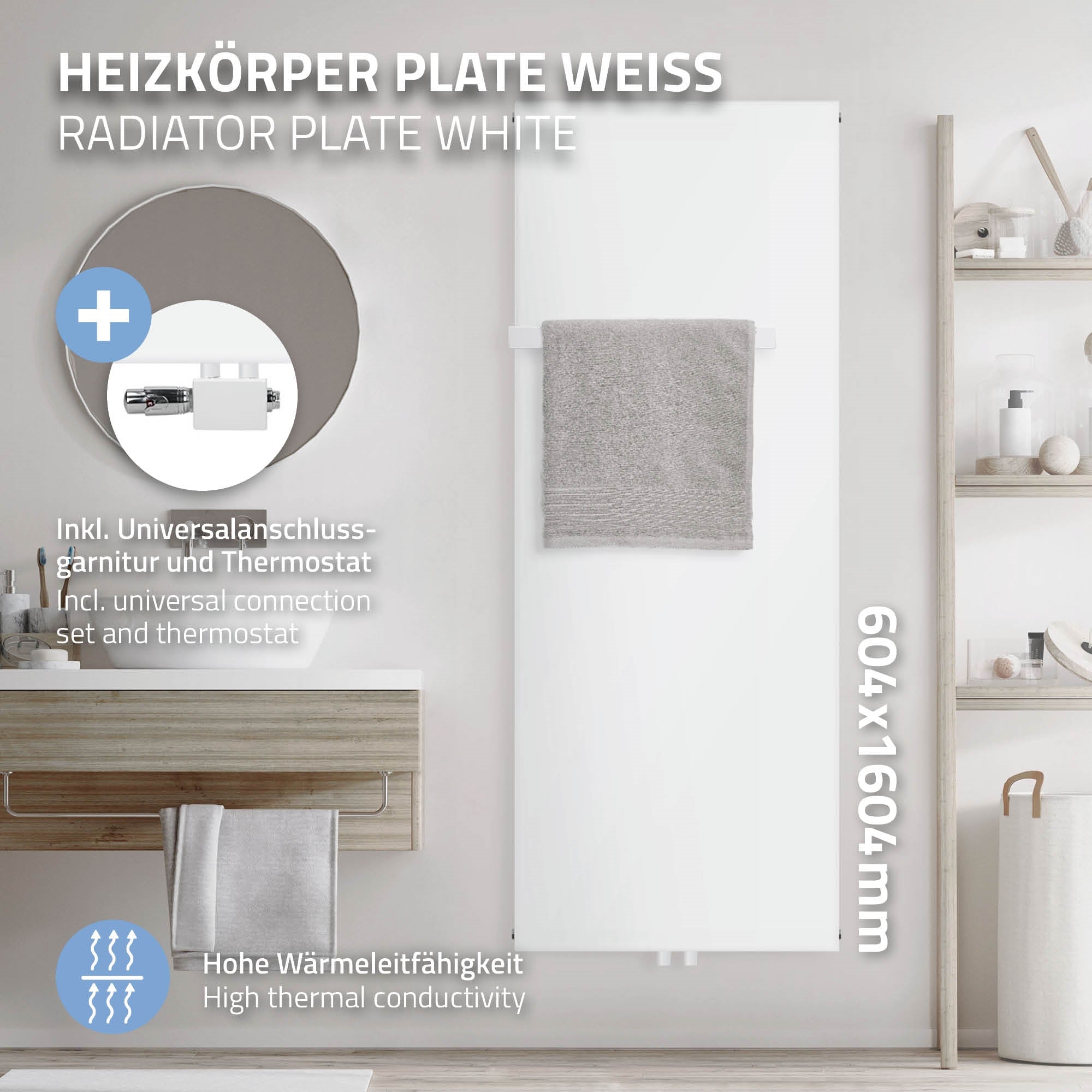 Radiateur blanc avec un porte-serviettes et accessoires.