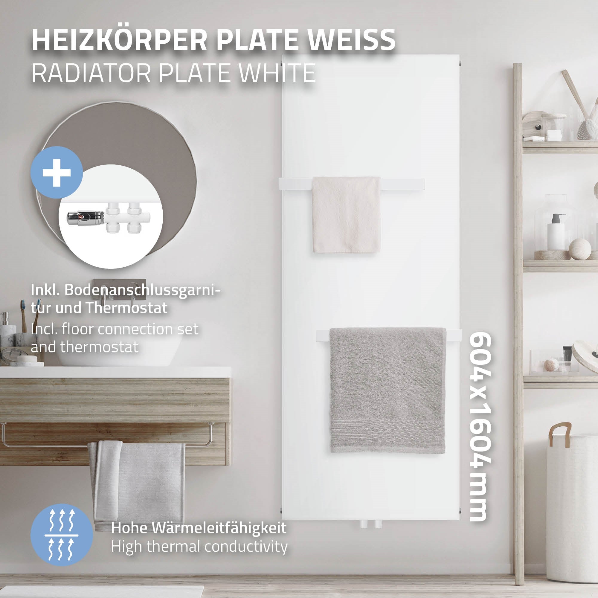 Weißer Heizkörper mit Handtuchhaltern und Zubehör auf einem Badezimmerregal.