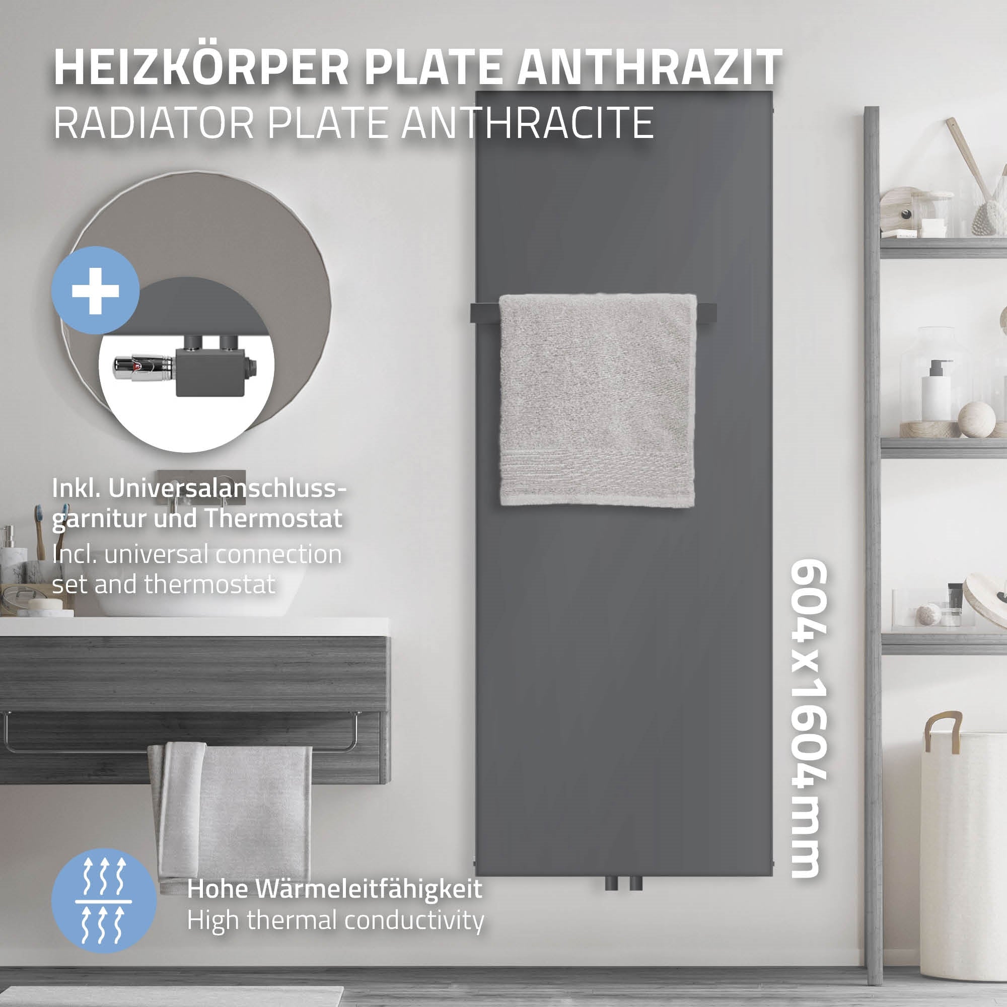 Antracit színű radiátor törölközőtartóval és kiegészítőkkel.