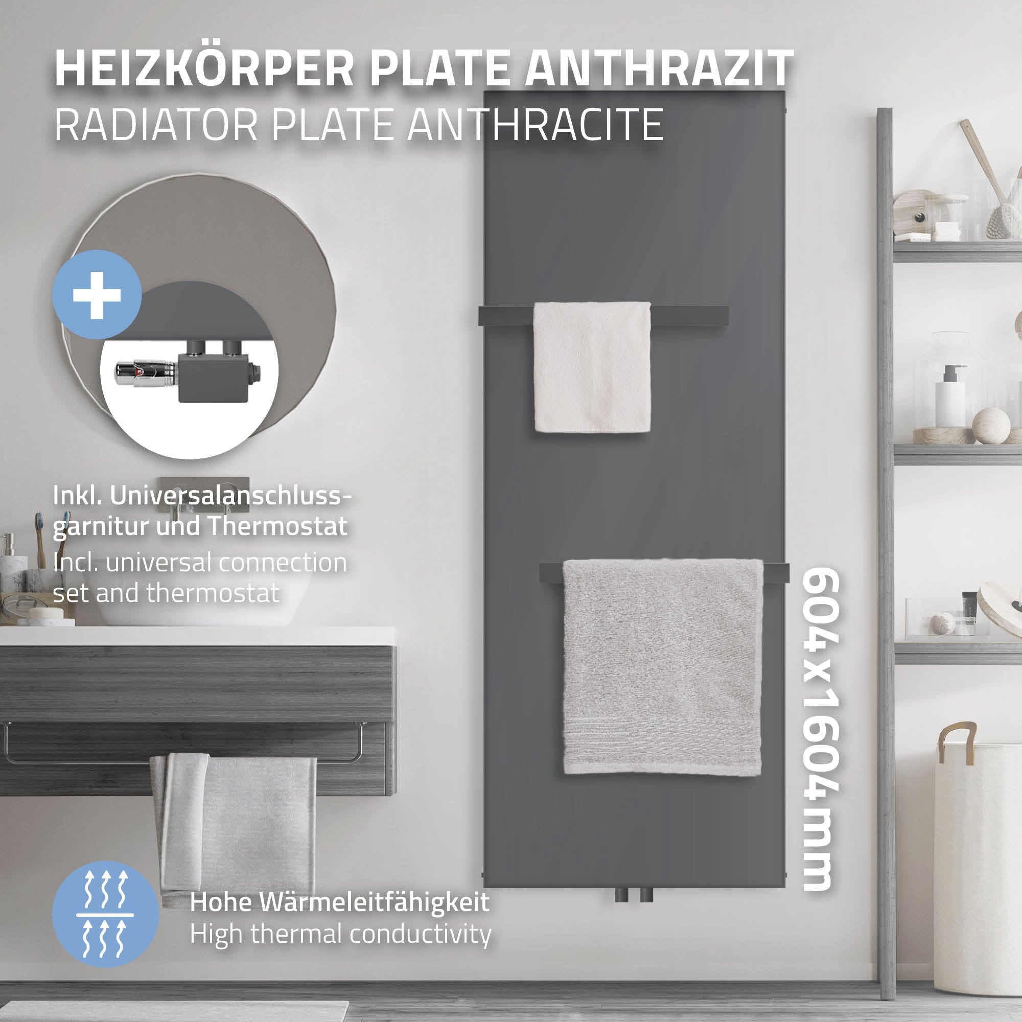 Anthracit színű radiátor törölközőkkel, egy modern falon.