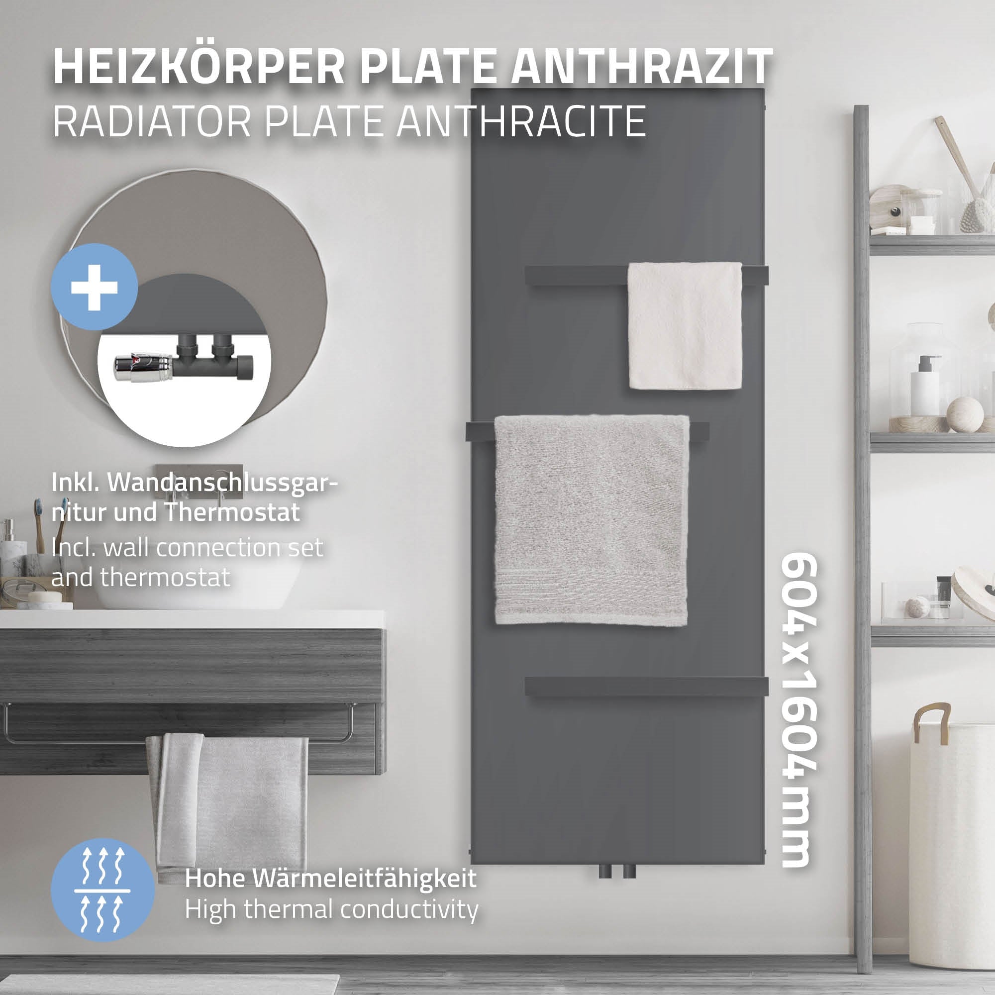 Anthrazitfarbene Heizkörperplatte mit Handtuchhaltern.