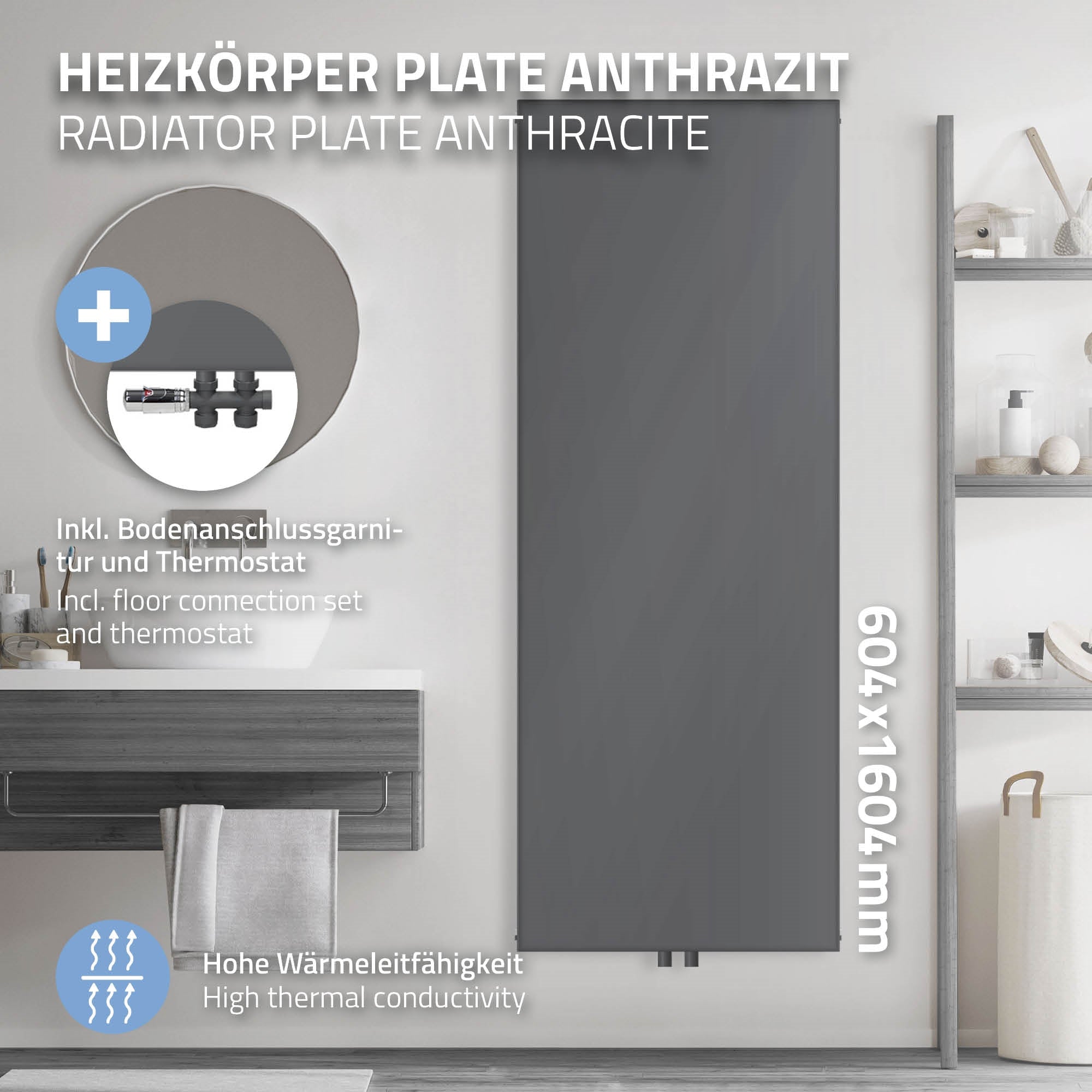 Antracit radiátor, méretek 604x1604mm, beleértve a falcsatlakozást és a termosztátot.